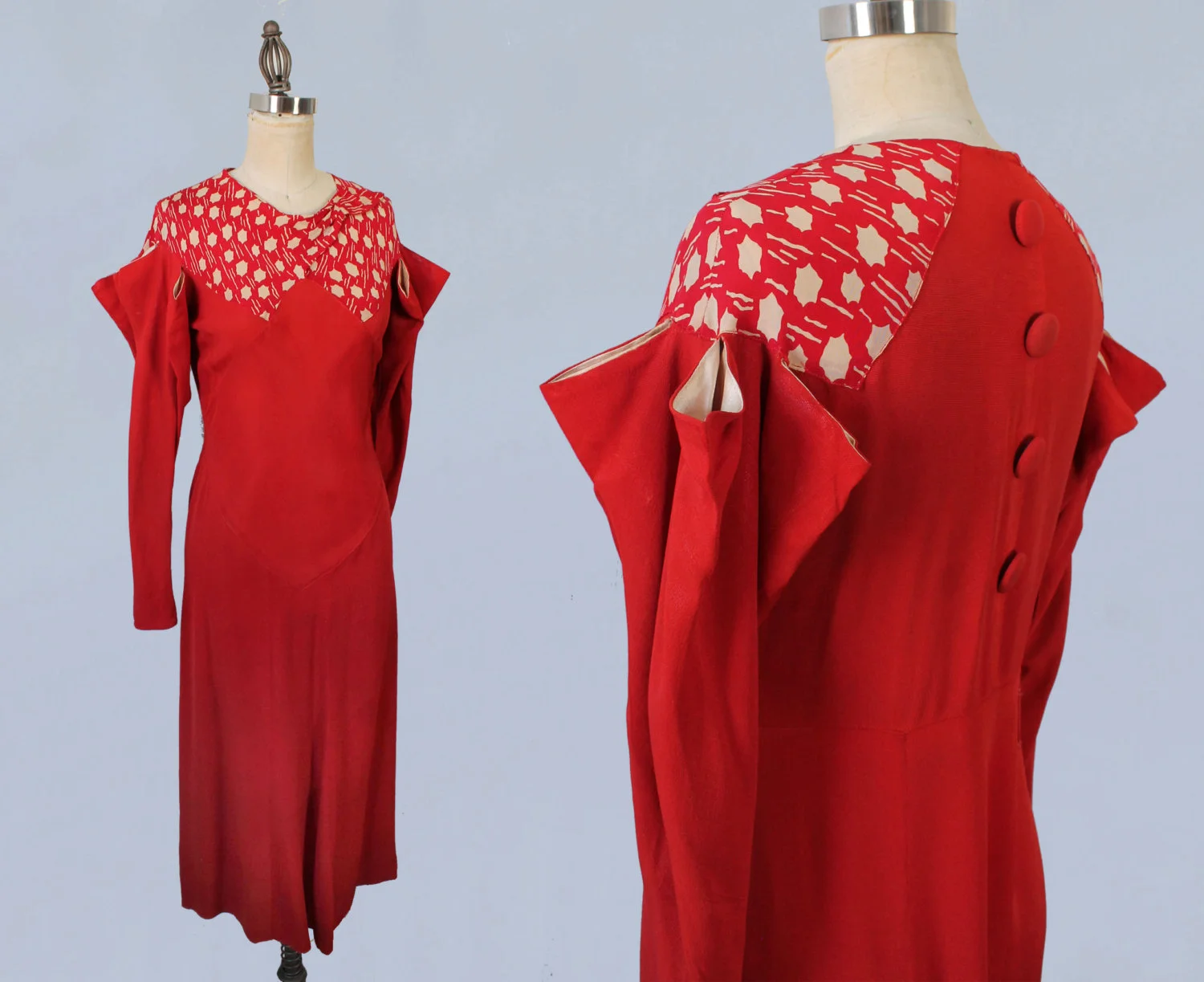 Red silk dress with pointed ‘umbrella’ sleeve details. 1930s.