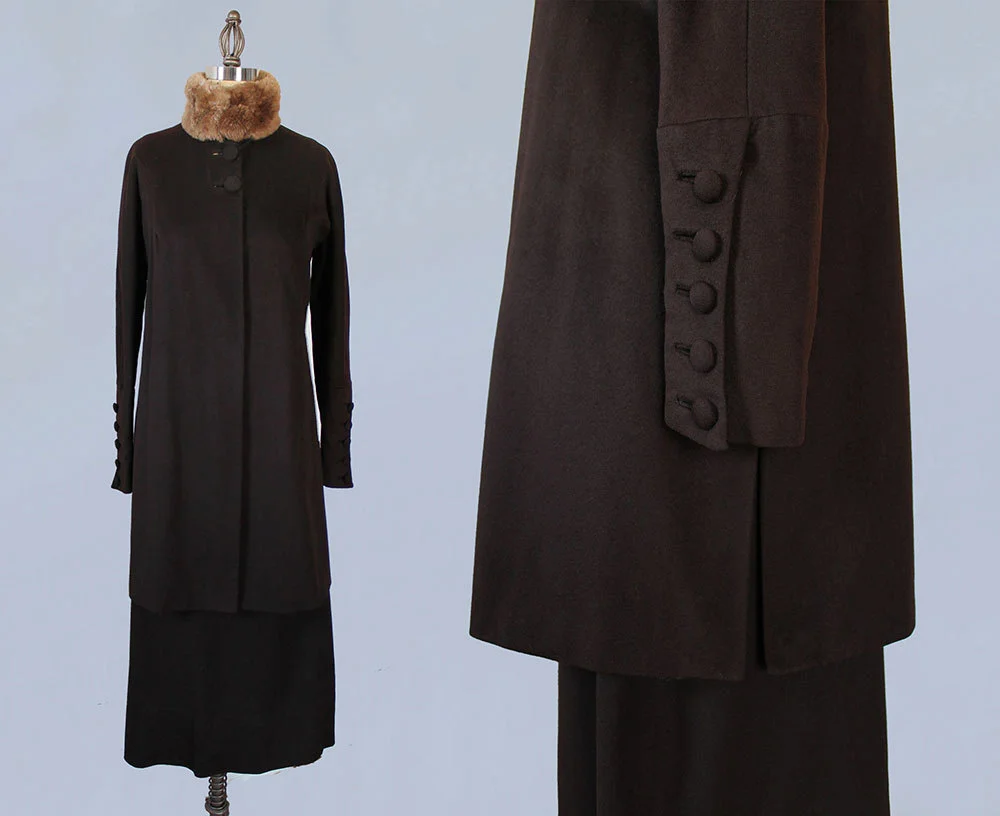 Chocolate wool suit with fur collar. 1910s-1920s.