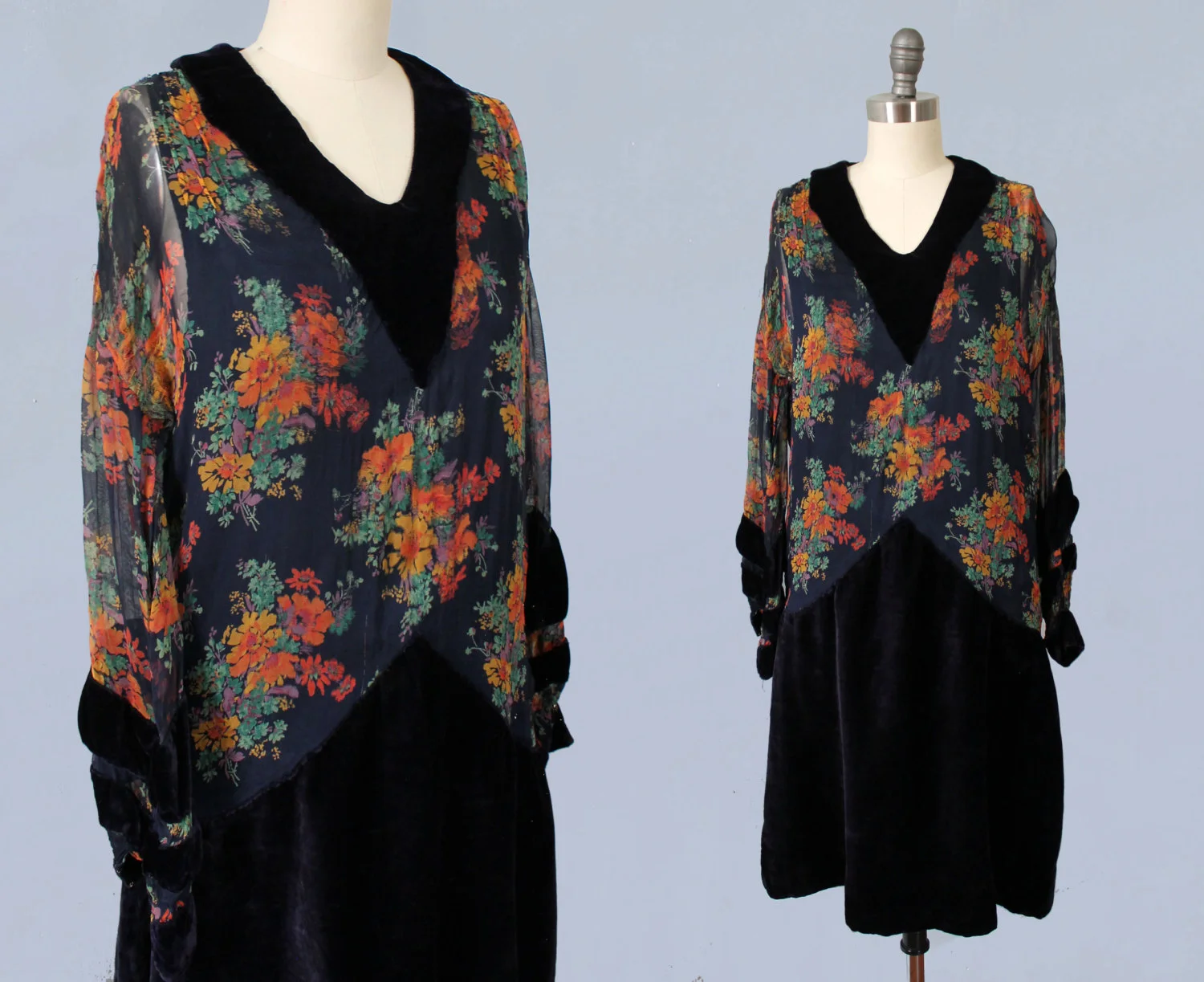 Cotton dress with sheer floral print and navy velvet.