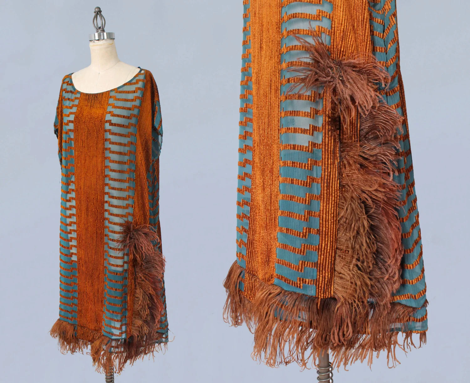 Blue silk and orange velvet dress with ostrich trim. 1920s.