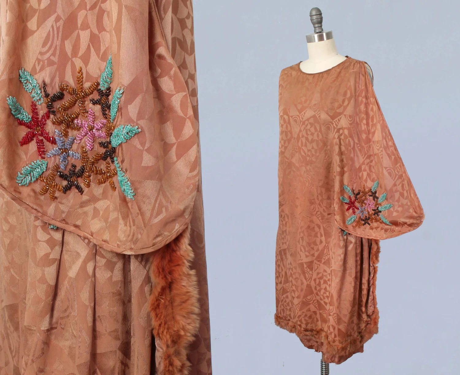 Brown art deco motif jacquard silk dress with floral beading and fur trim. 1920s.
