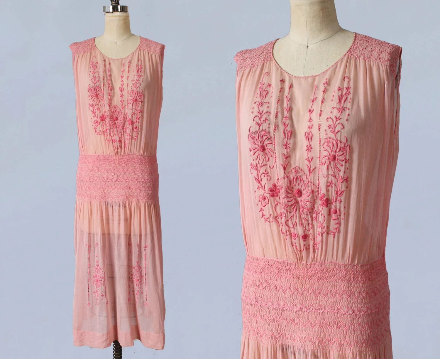 Pink embroidered cotton peasant dress. 1920s.