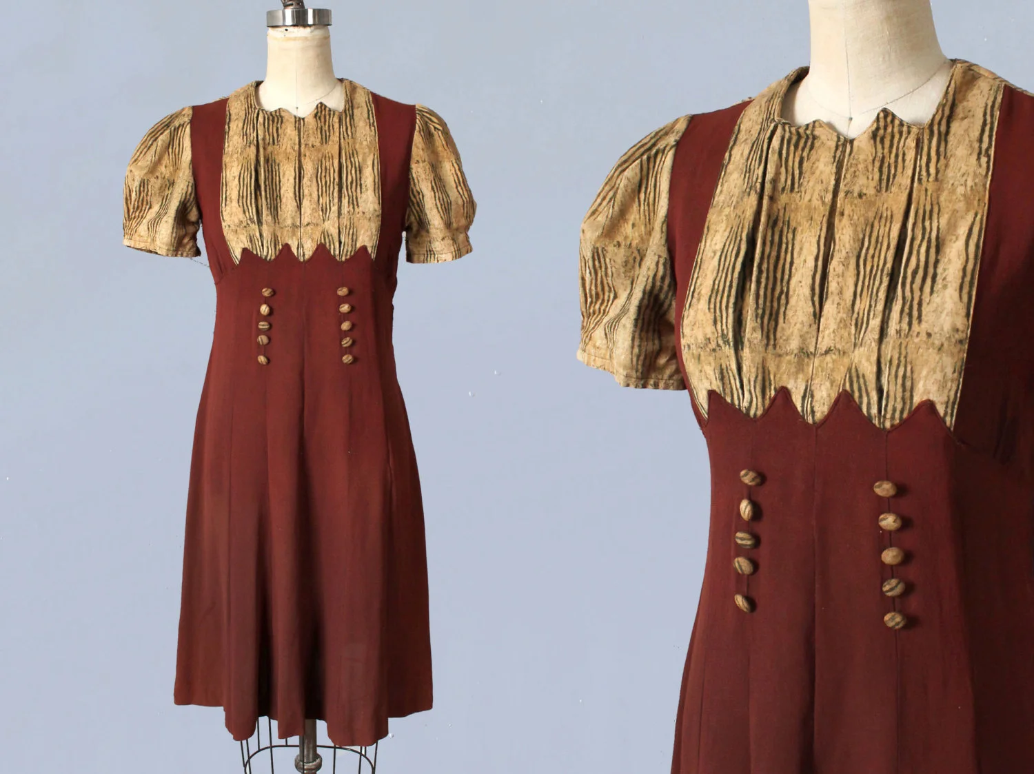 1930s printed flannel and crepe dress.