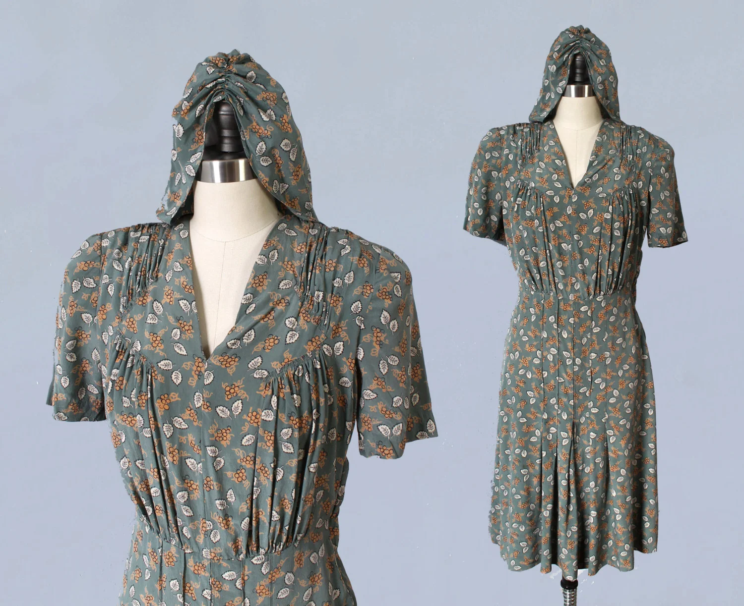 Floral silk dress with matching hood. Late 30s-early 40s.