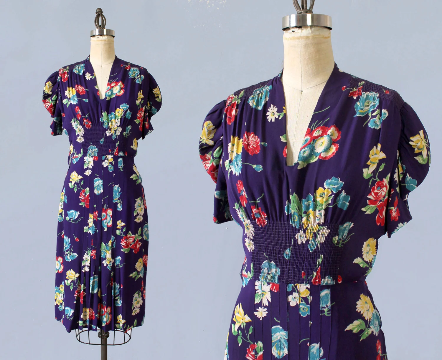 Purple floral silk dress. Late 30s/early 40s.