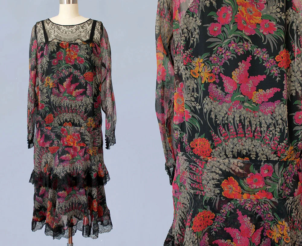 Printed floral silk dress. 1920s.