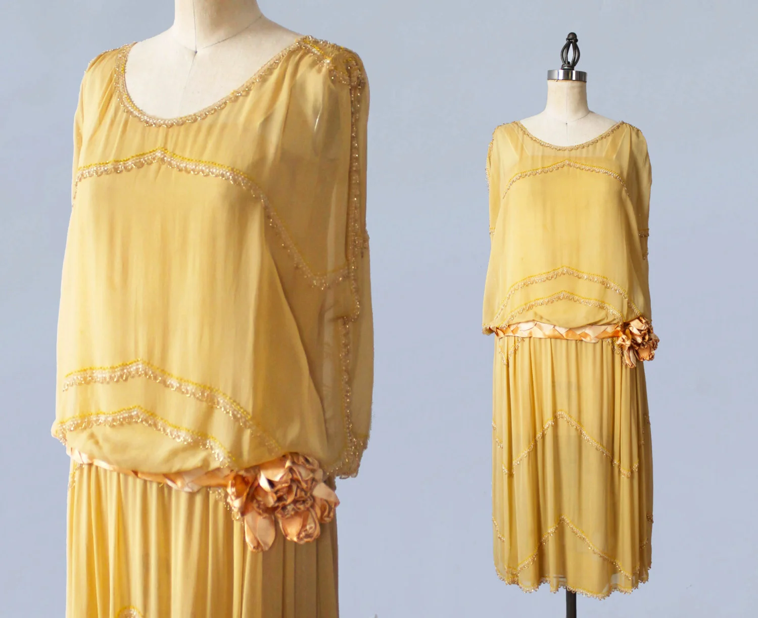 Beaded yellow silk dress with velvet flower. 1920s.