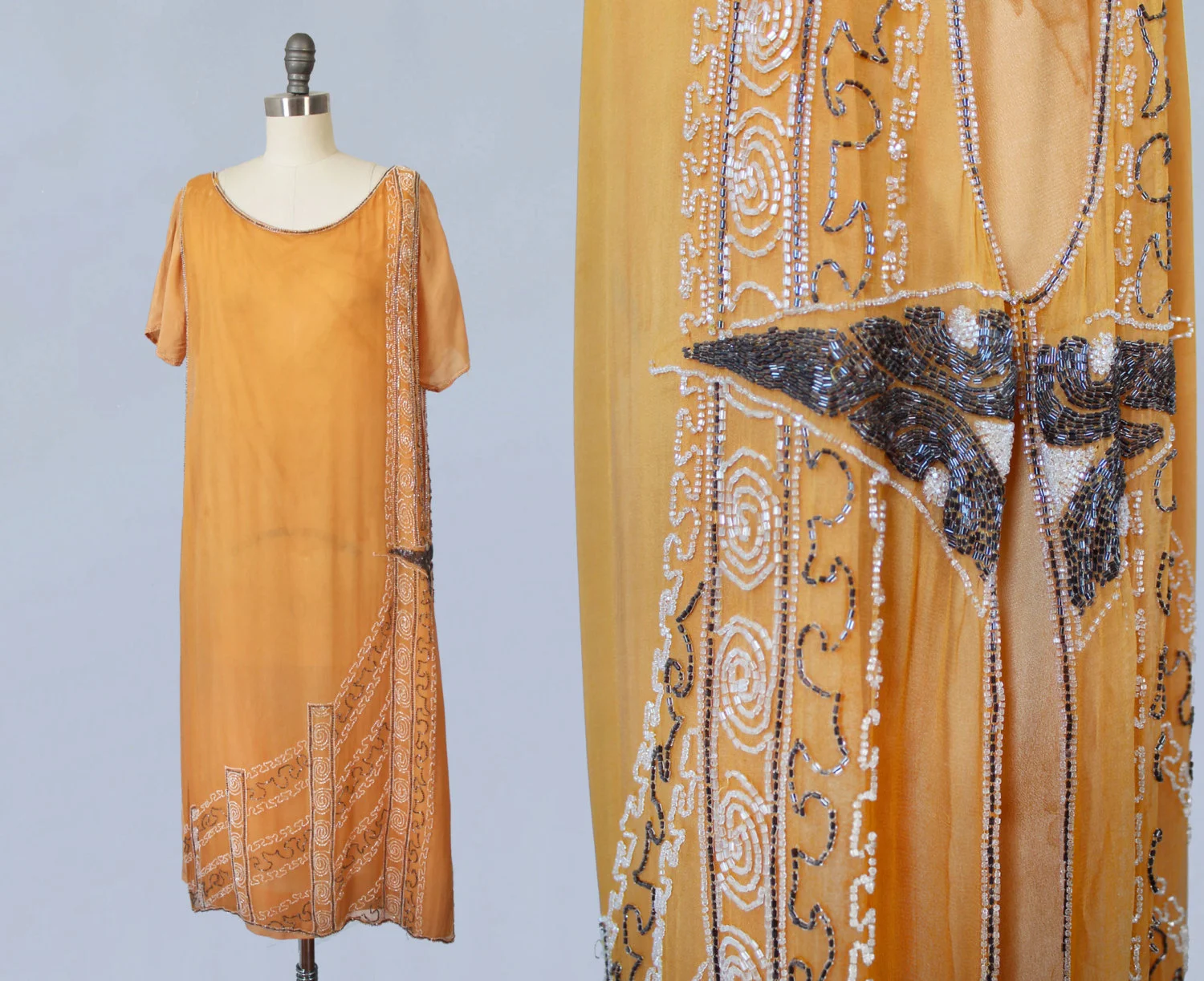 Orange silk tabard dress with beading and slip. 1920s.
