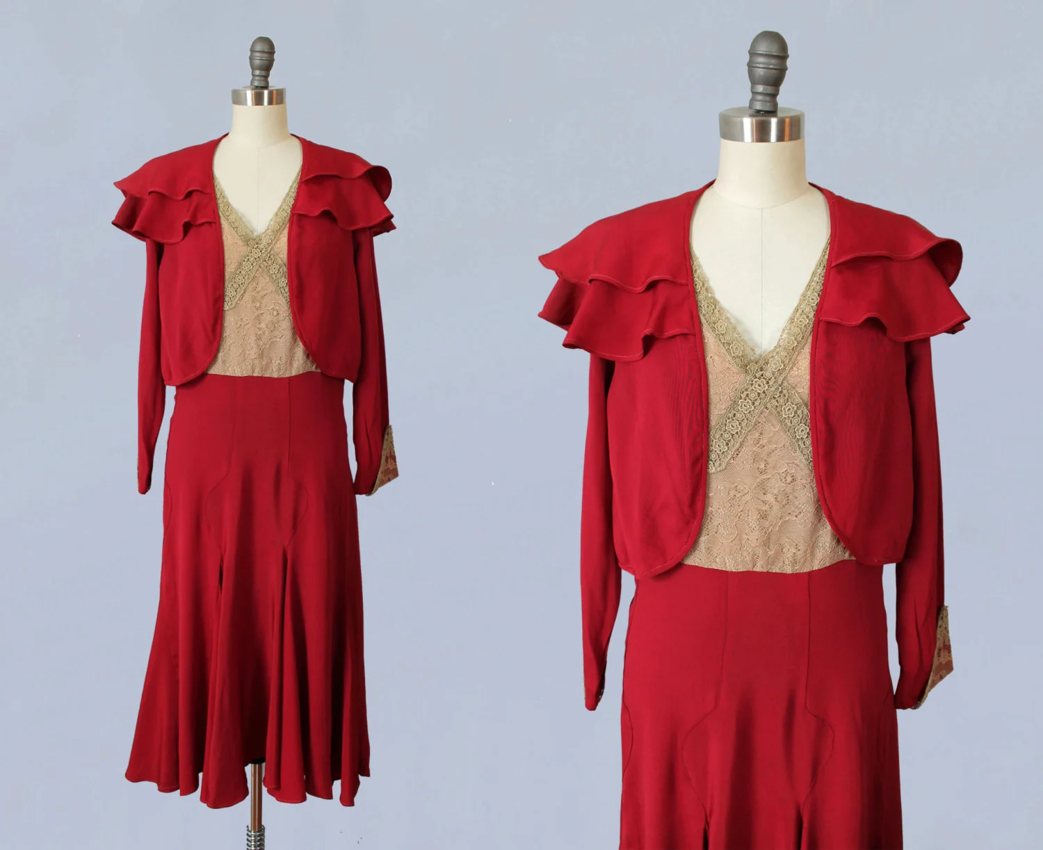 Red silk and lace dress with attached jacket. 1930s.