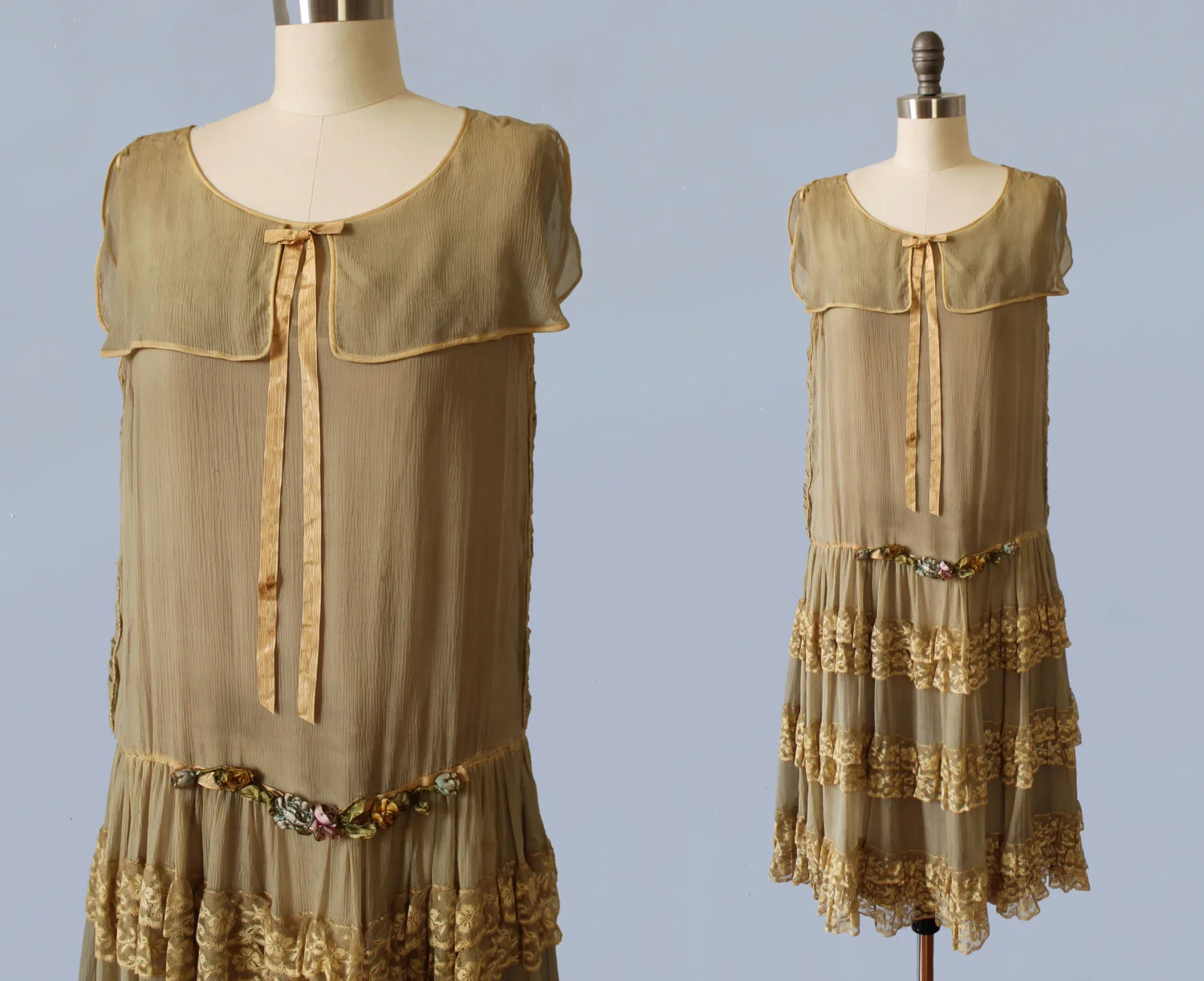 Silk chiffon and lace dress with ribbon and metal thread flowers. 1920s.
