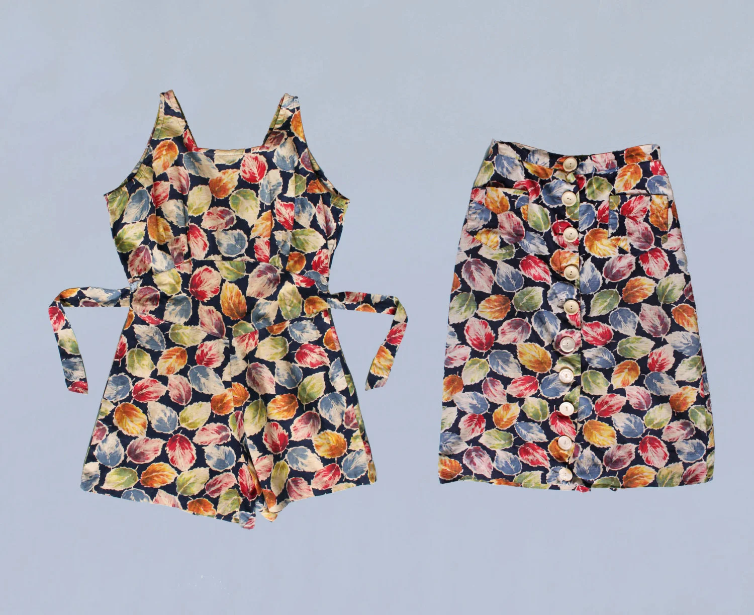 Colorful leaf print romper and skirt set. 1940s.