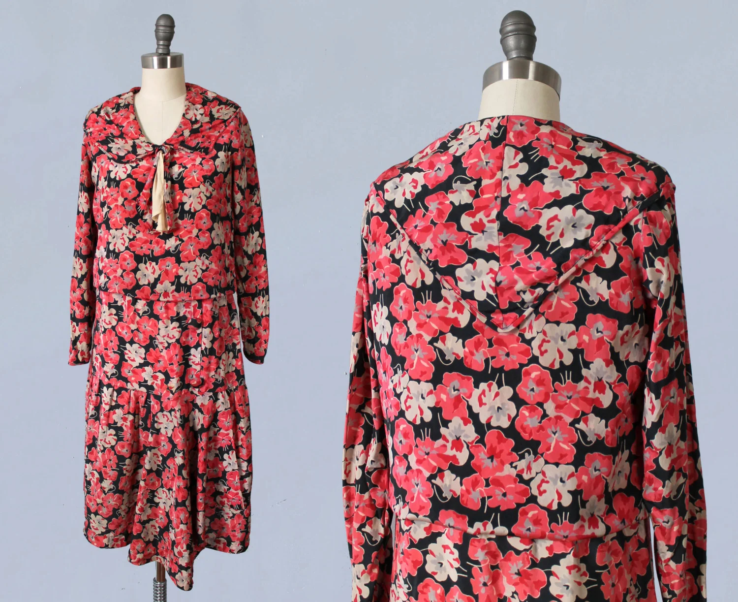 Red floral silk printed dress. 1920s.