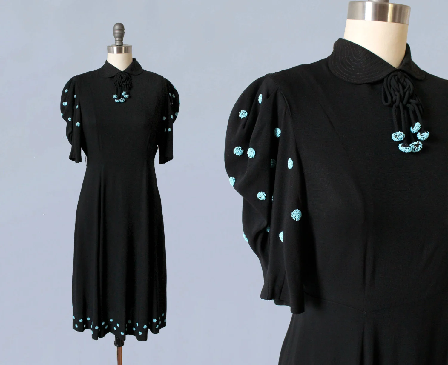 Black crepe dress with beading, late 1930s-early1940s.