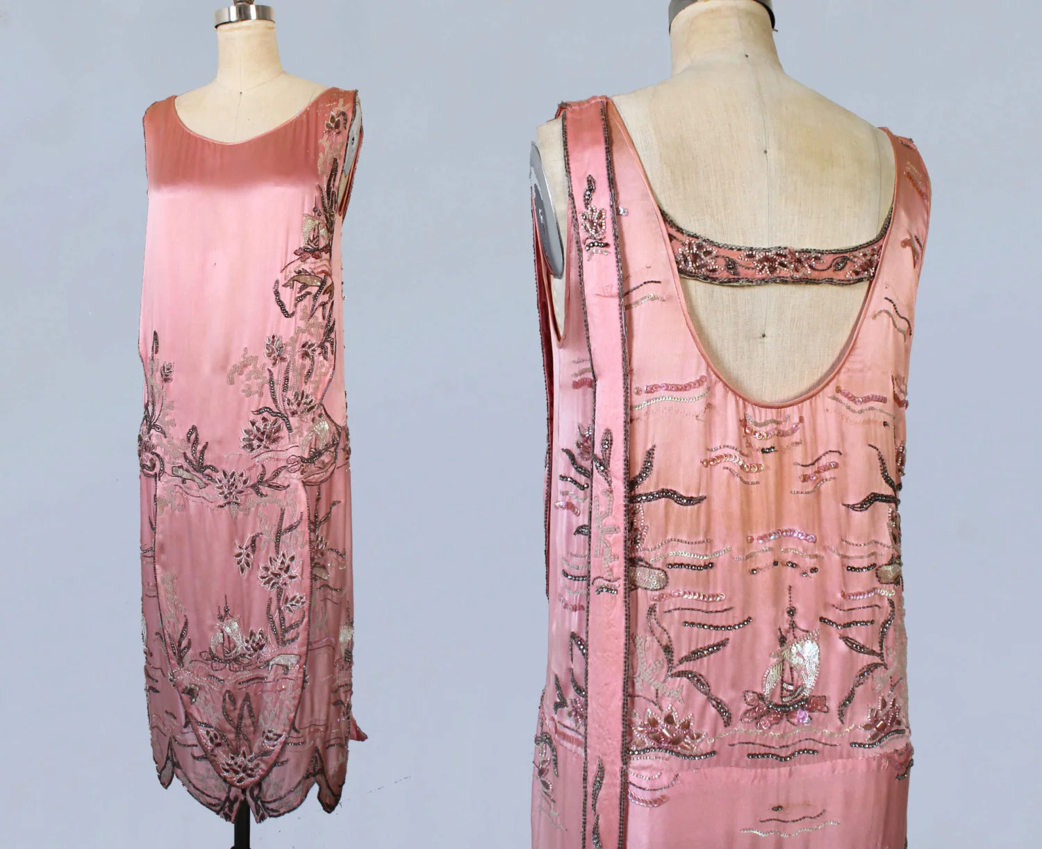 Pink silk satin dress with beading and embellishments in an oceanic motif including whales and ships. 1920s.