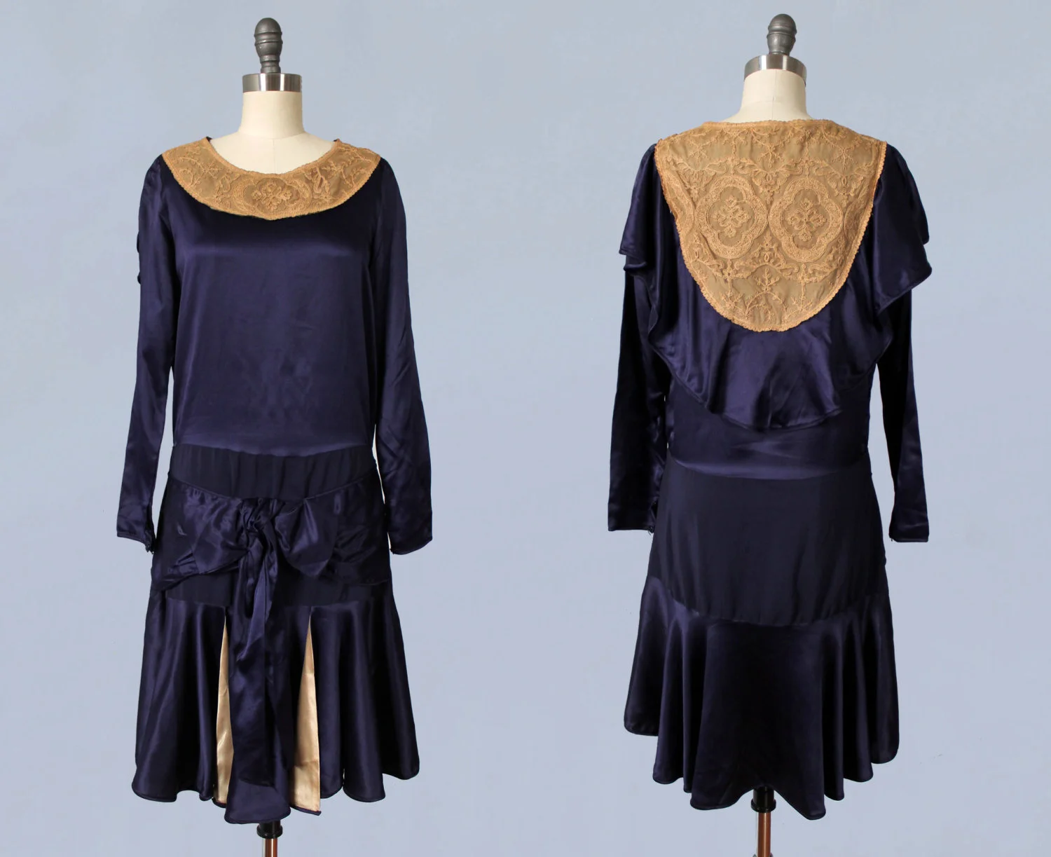 Silk satin and lace dress. 1920s.