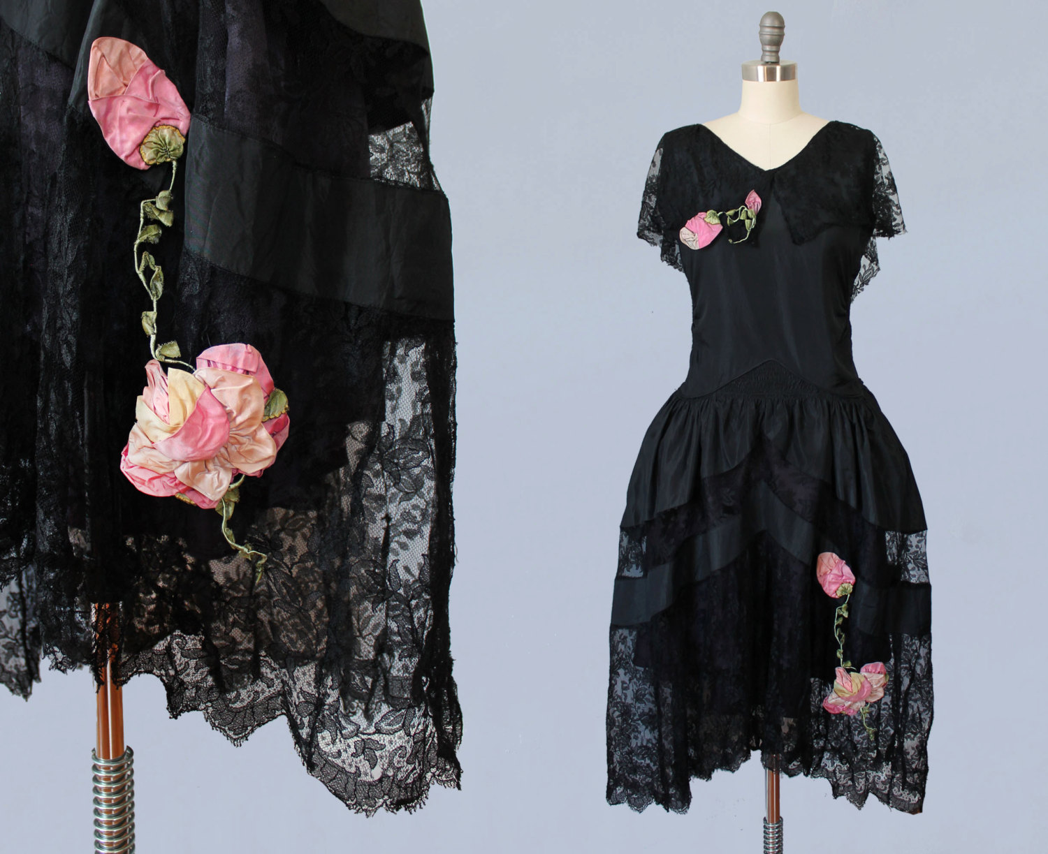 Black silk taffeta and lace robe de style dress with silk flowers. 1920s.
