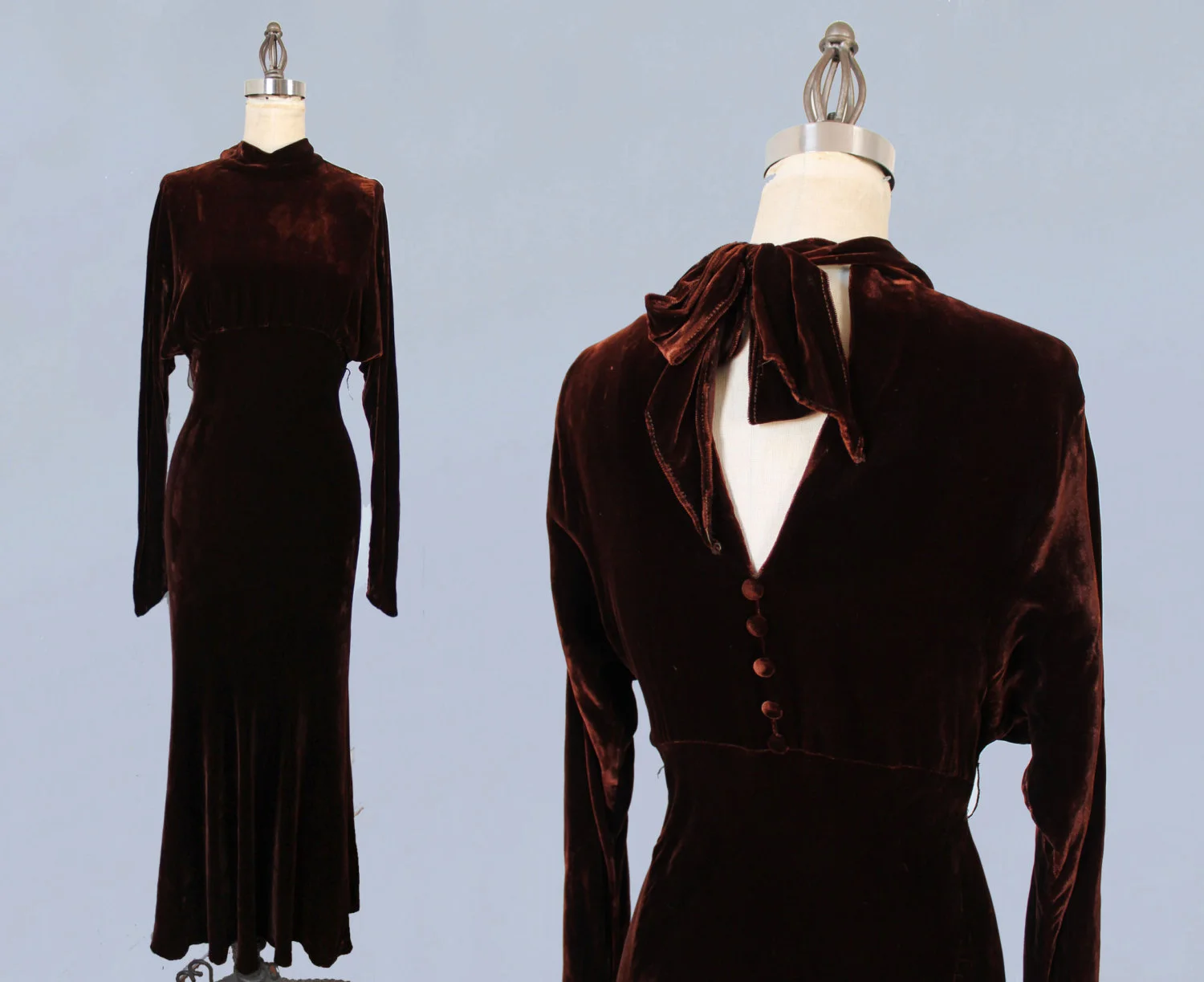 Silk velvet gown with cutout back, 1930s.