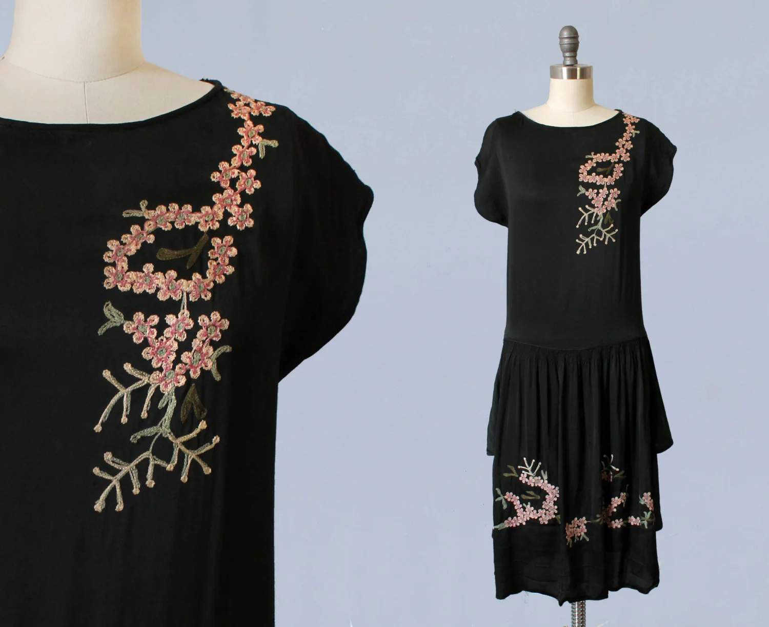 Black silk embroidered dress. 1920s.