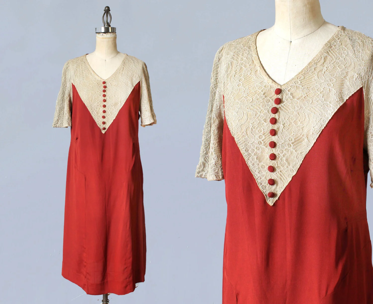 Red silk and lace dress. 1920s.
