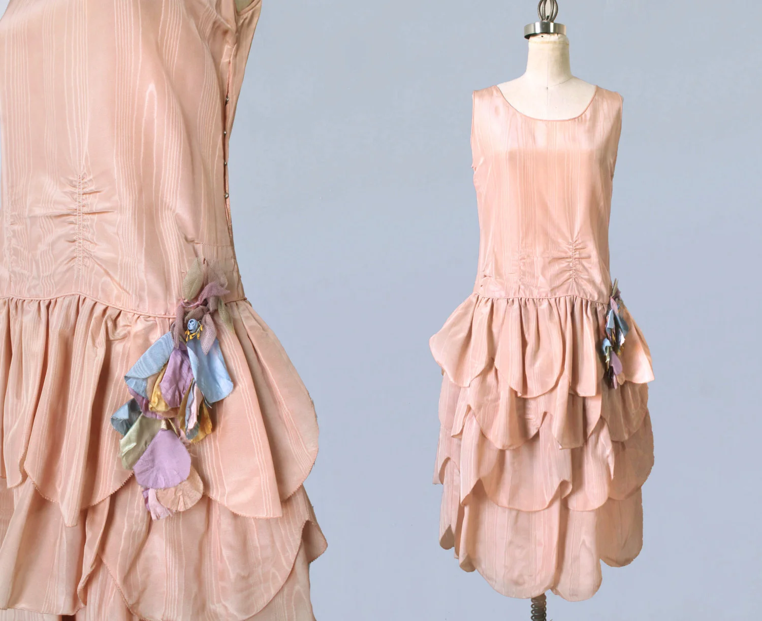 Pink moire robe de style dress with fabric flower and petal skirt. 1920s.