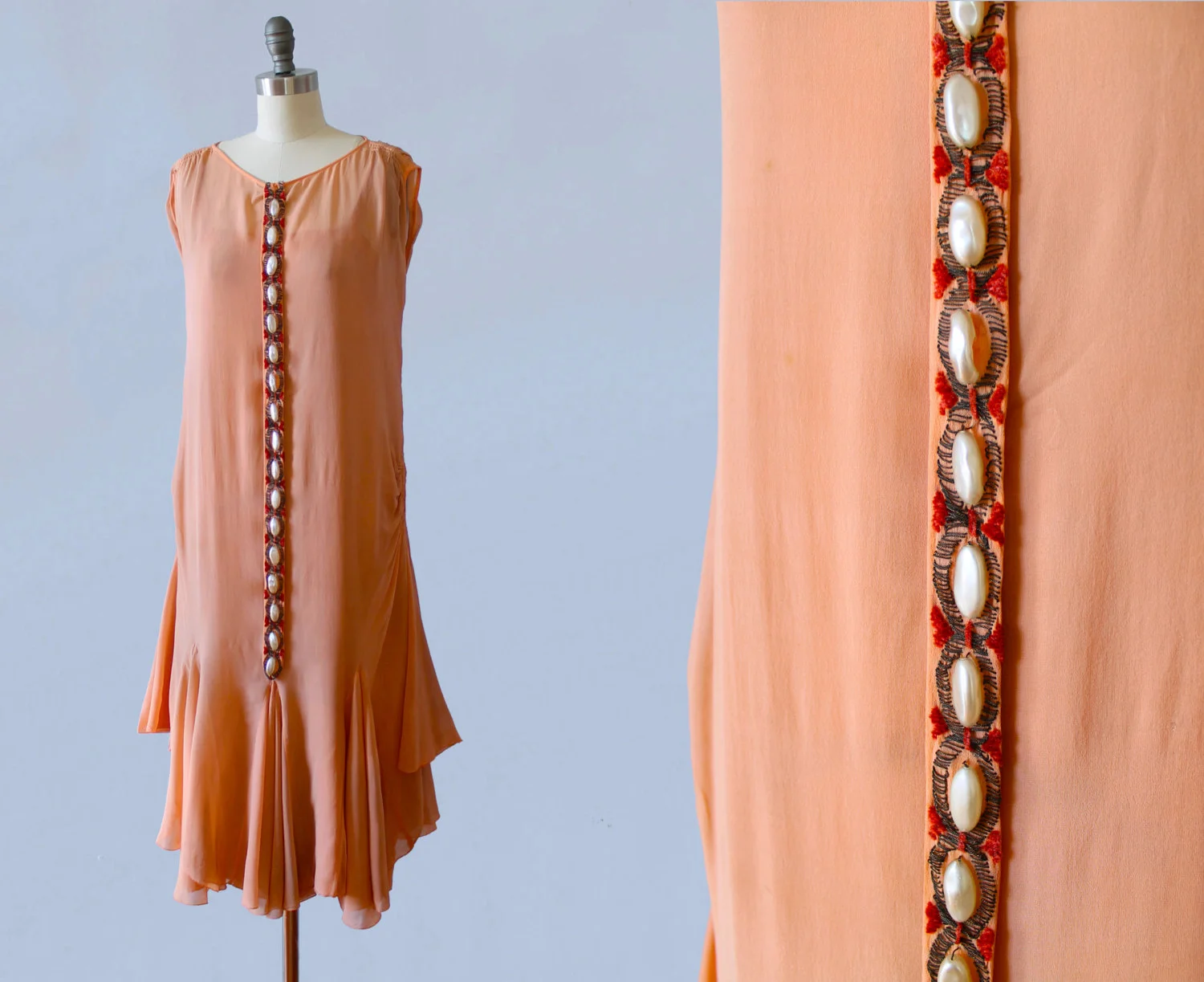 Pink silk dress with wax pearl embellishment. 1920s.