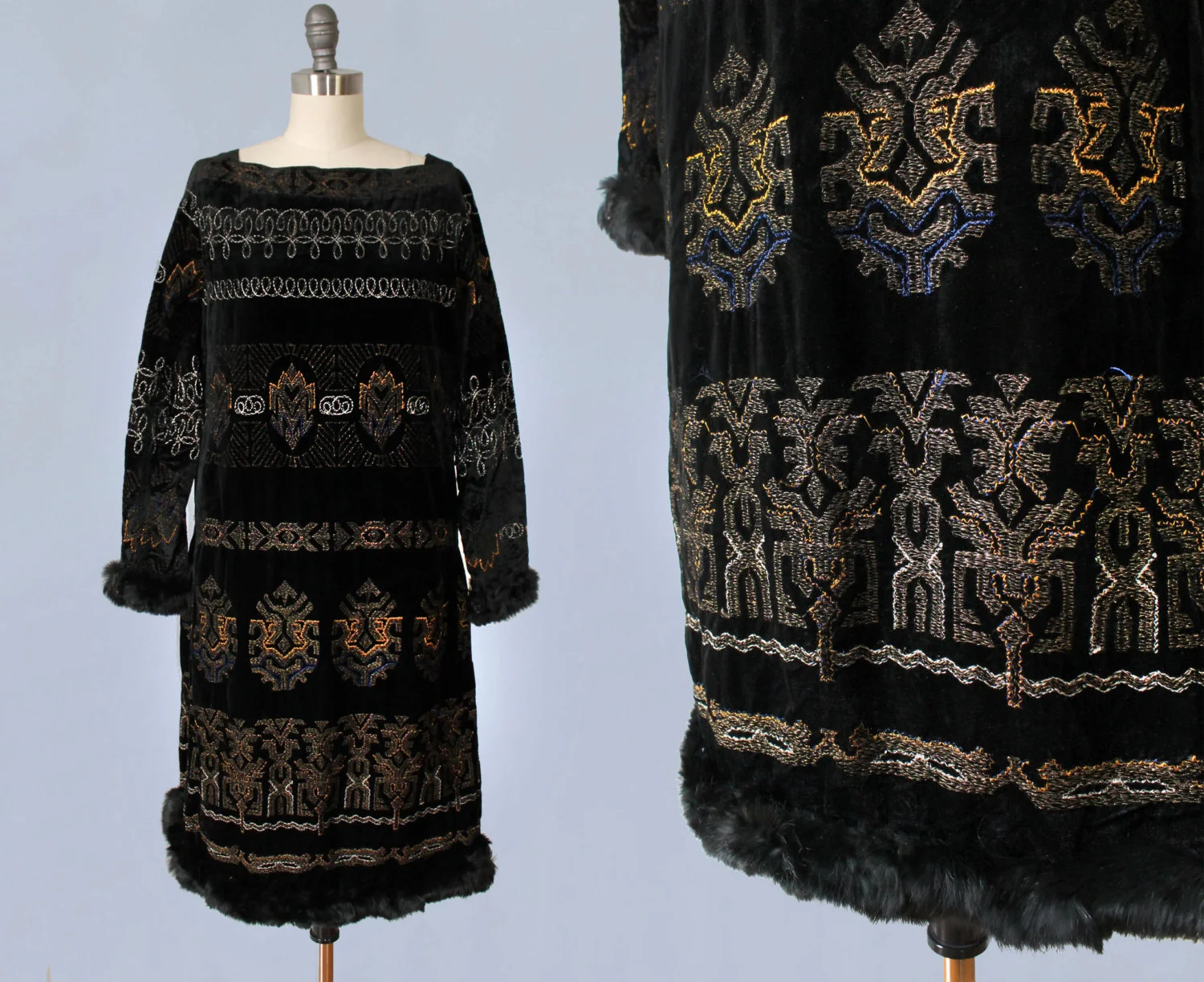 Black velvet dress with embroidered Aztec motifs and fur trim. 1920s.