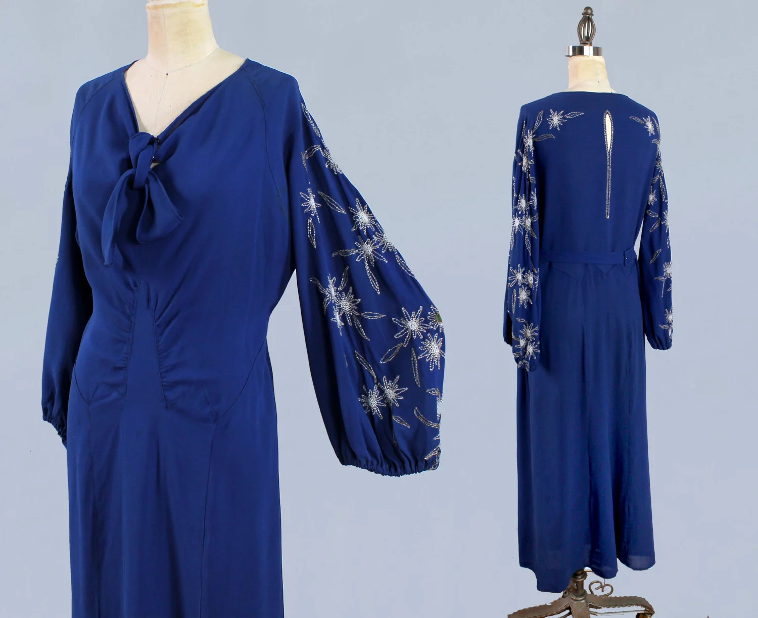 Bright blue silk dress with beaded sleeves, 1930s