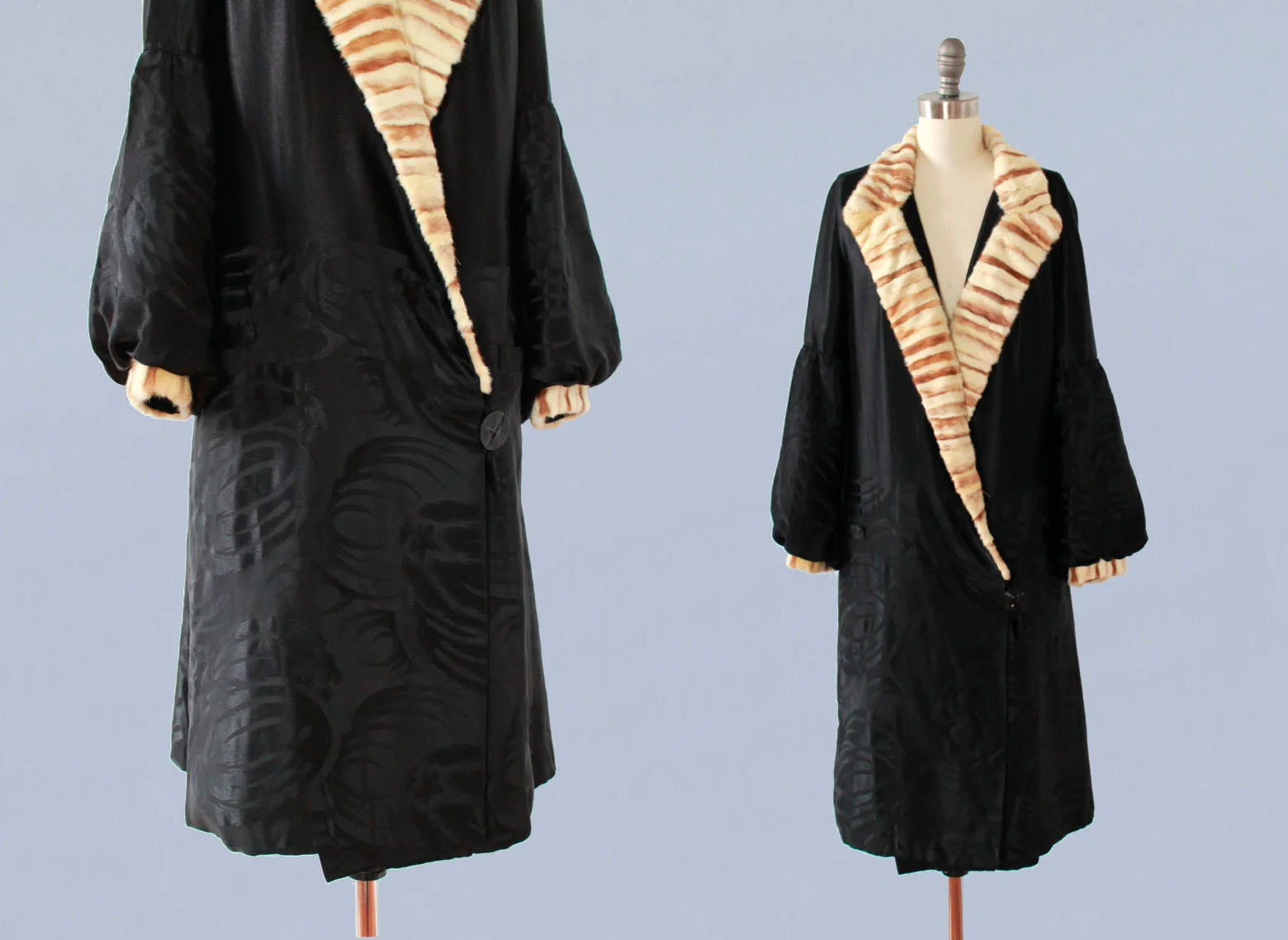 Black satin coat with dyed fur trim. 1920s.