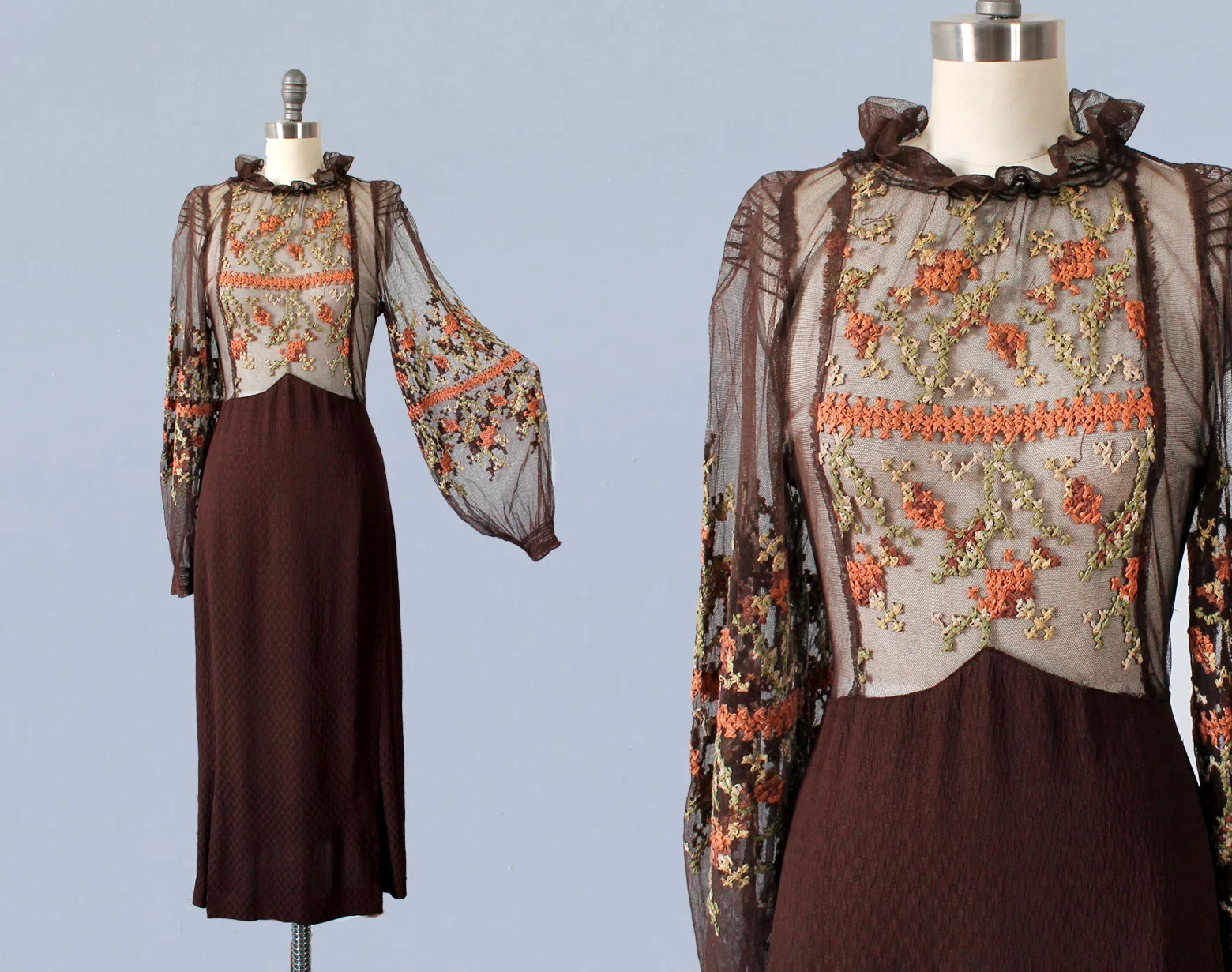 Dress with sheer embroidered bodice, 1930s