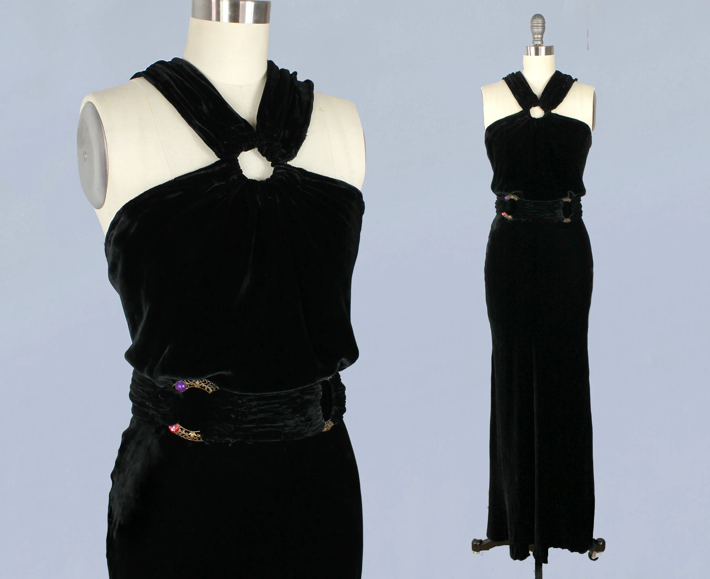 Black velvet halter gown, 1930s