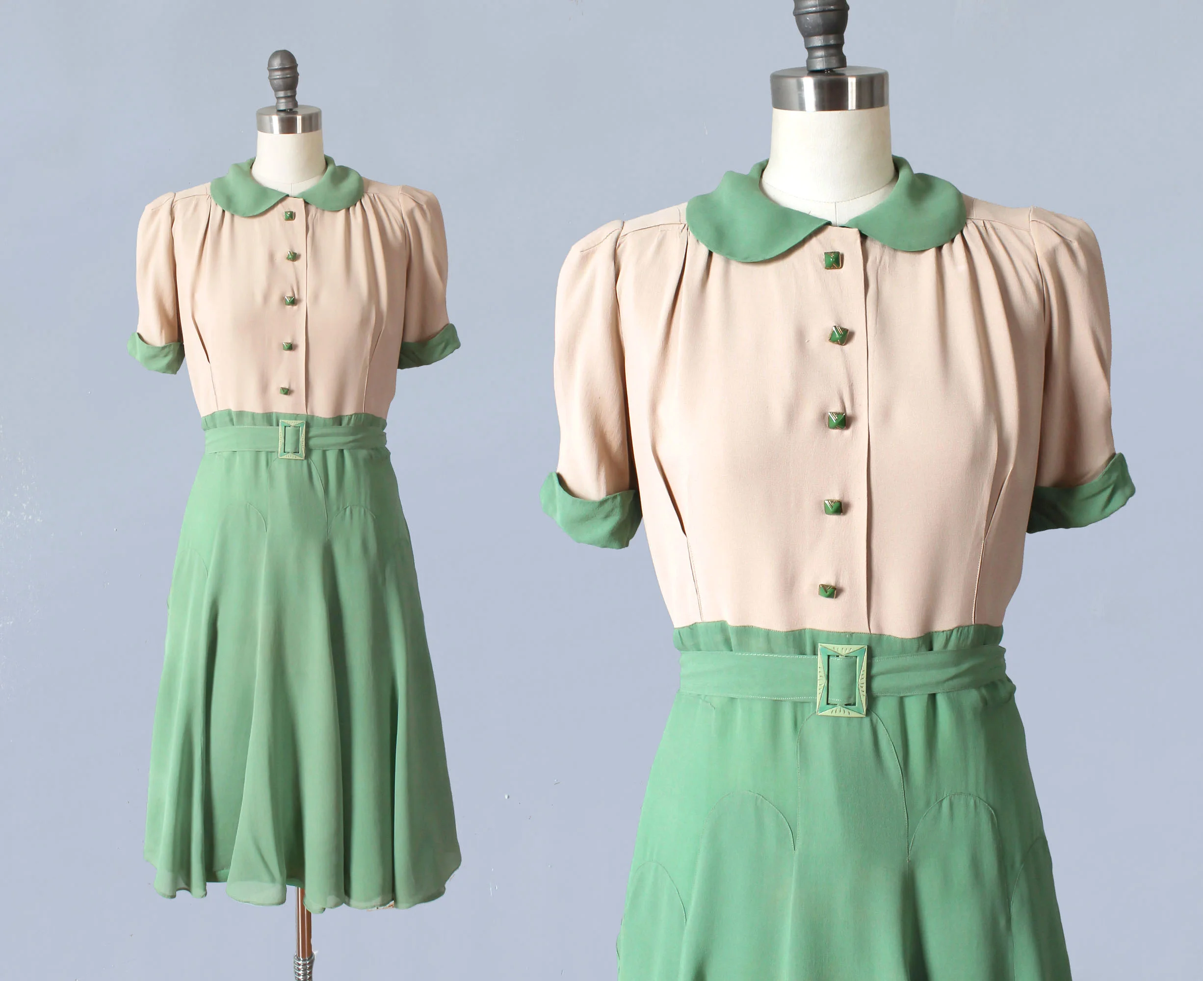 Green and beige silk dress, late 1930s - early 1940s