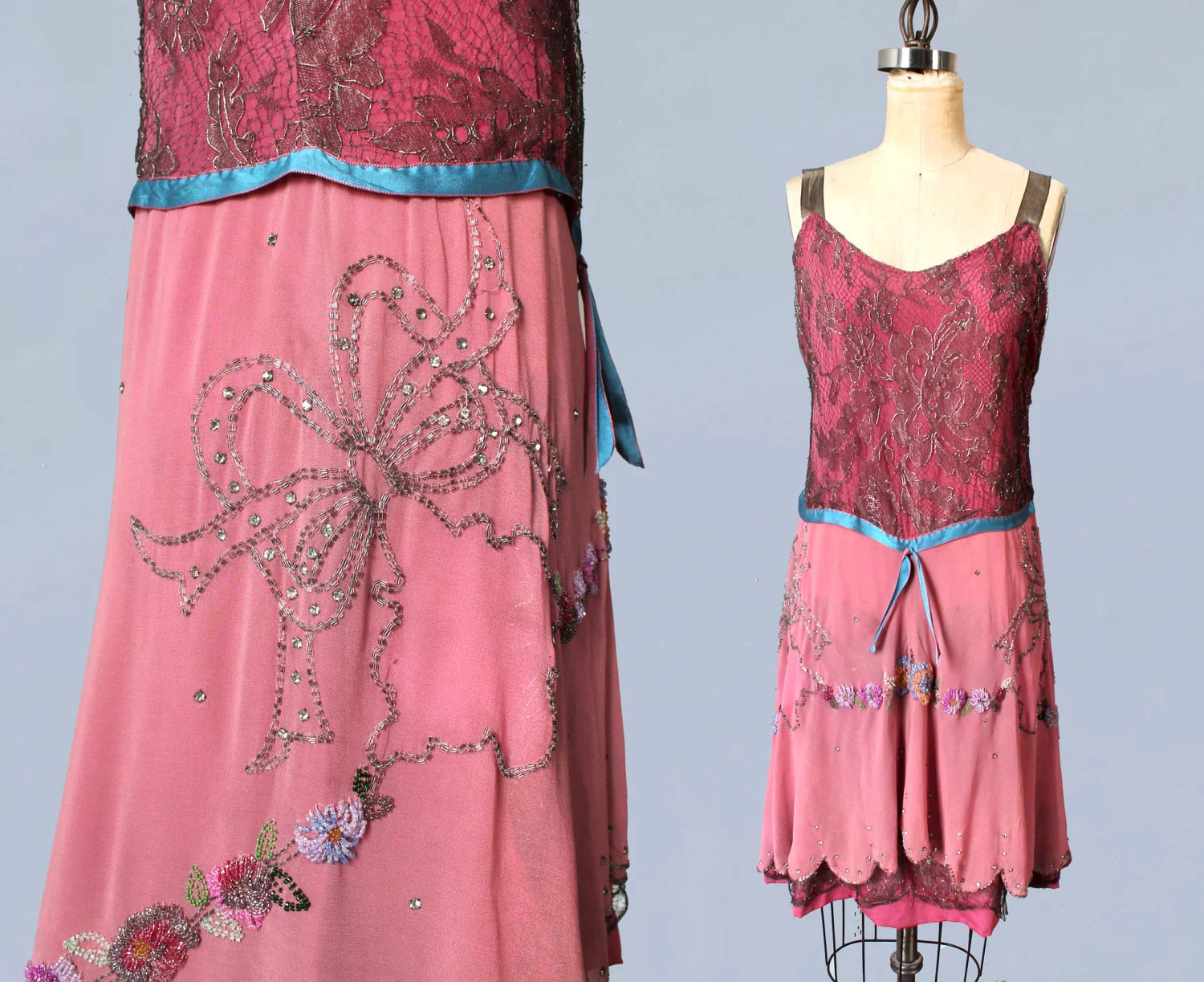 Pink silk dress with beaded bows and floral clusters and metallic lace bodice. 1920s.