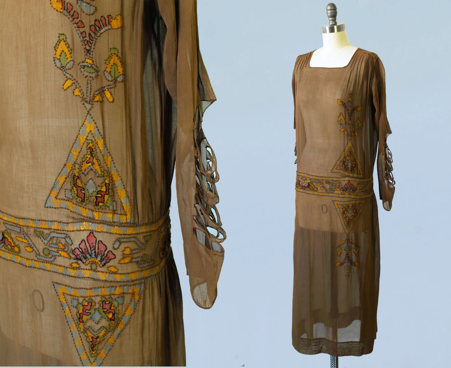 Sheer cotton dress with hand painted Egyptian revival motifs and knotted accents. Unusual cutout sleeves. 1920s.