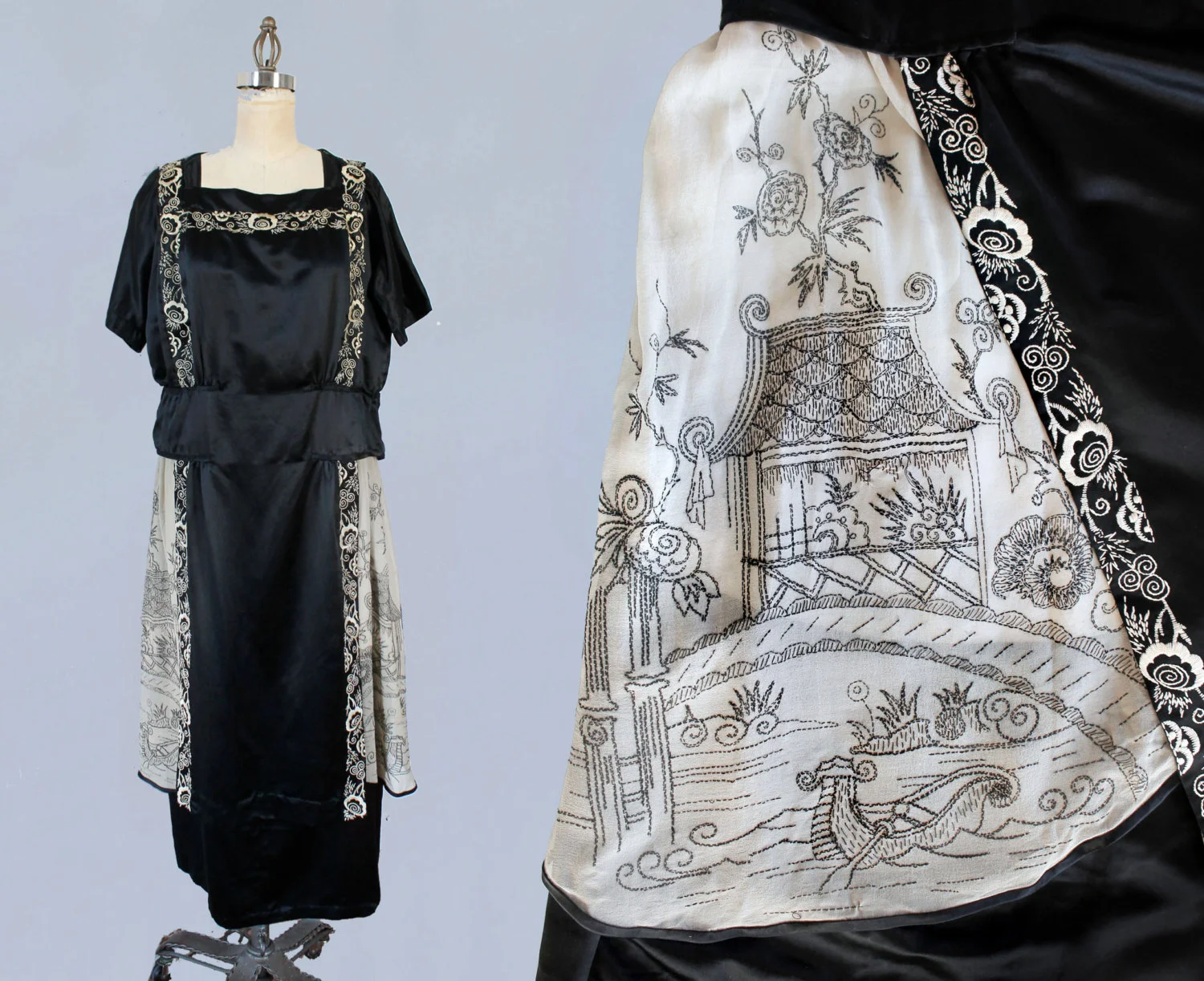 Black satin dress with intricately embroidered Asian scenes. 1920s.