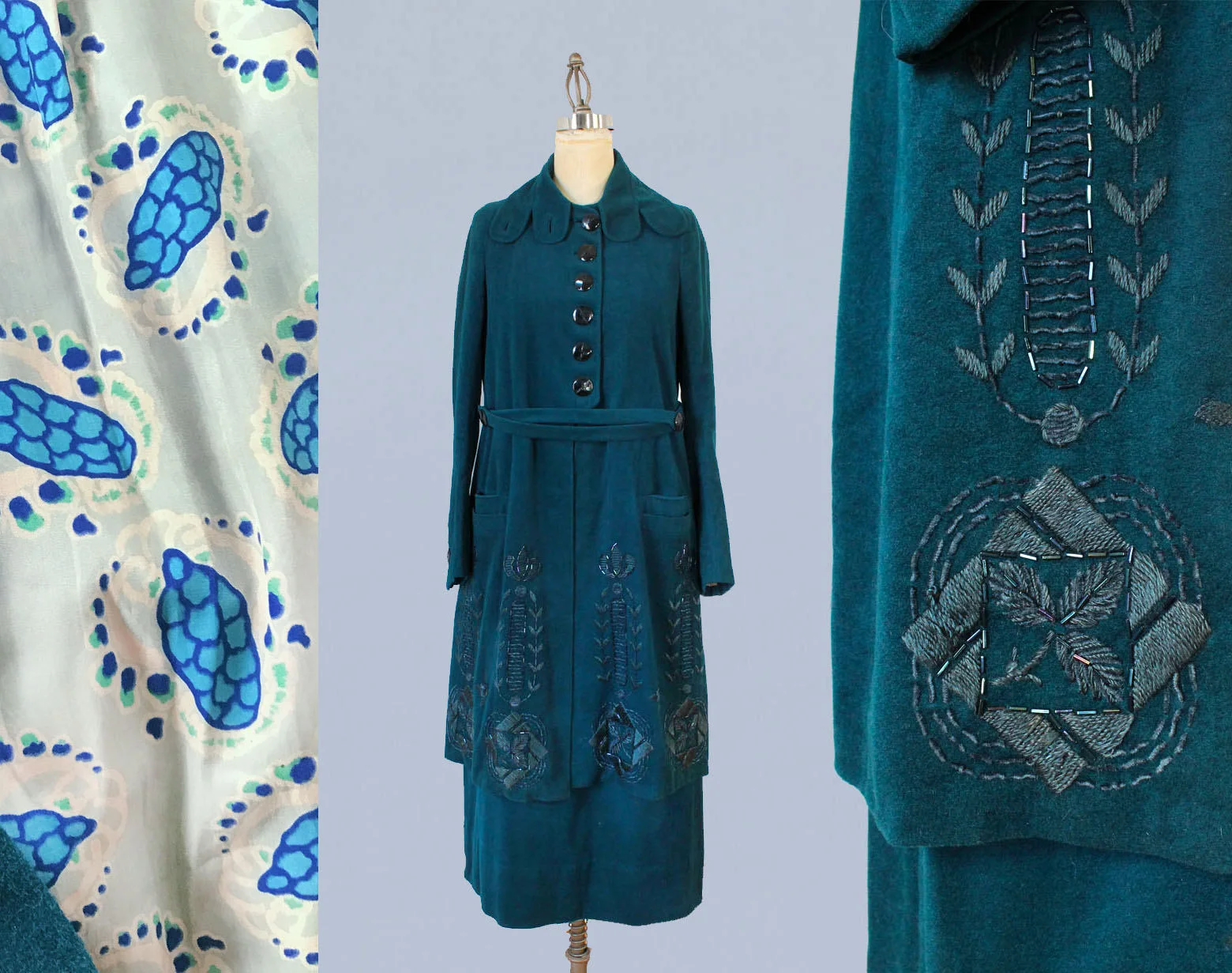 Teal wool two piece suit with embroidery and printed silk lining. C.1920