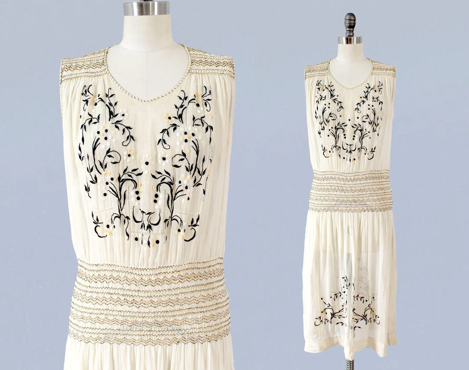 Sheer cotton embroidered peasant dress. 1920s.