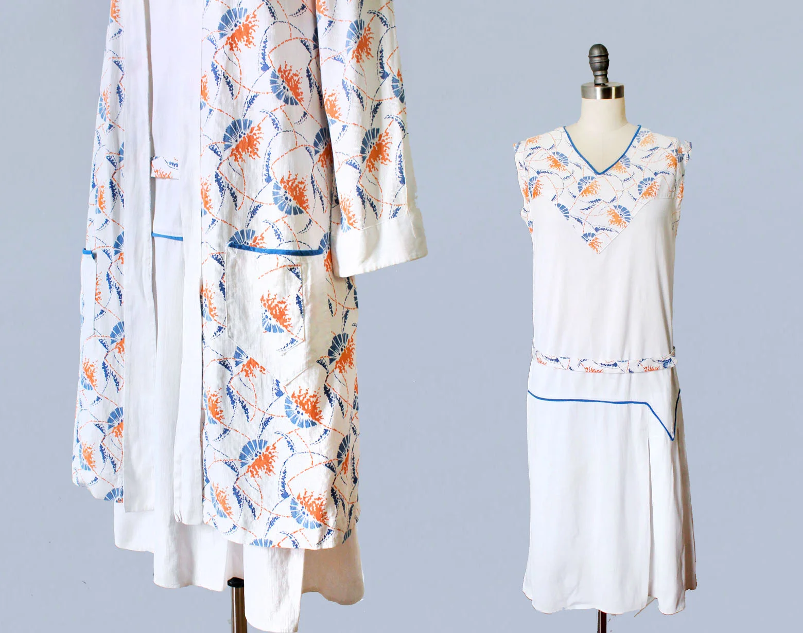 Deco printed cotton sportswear dress and jacket set. 1920s.