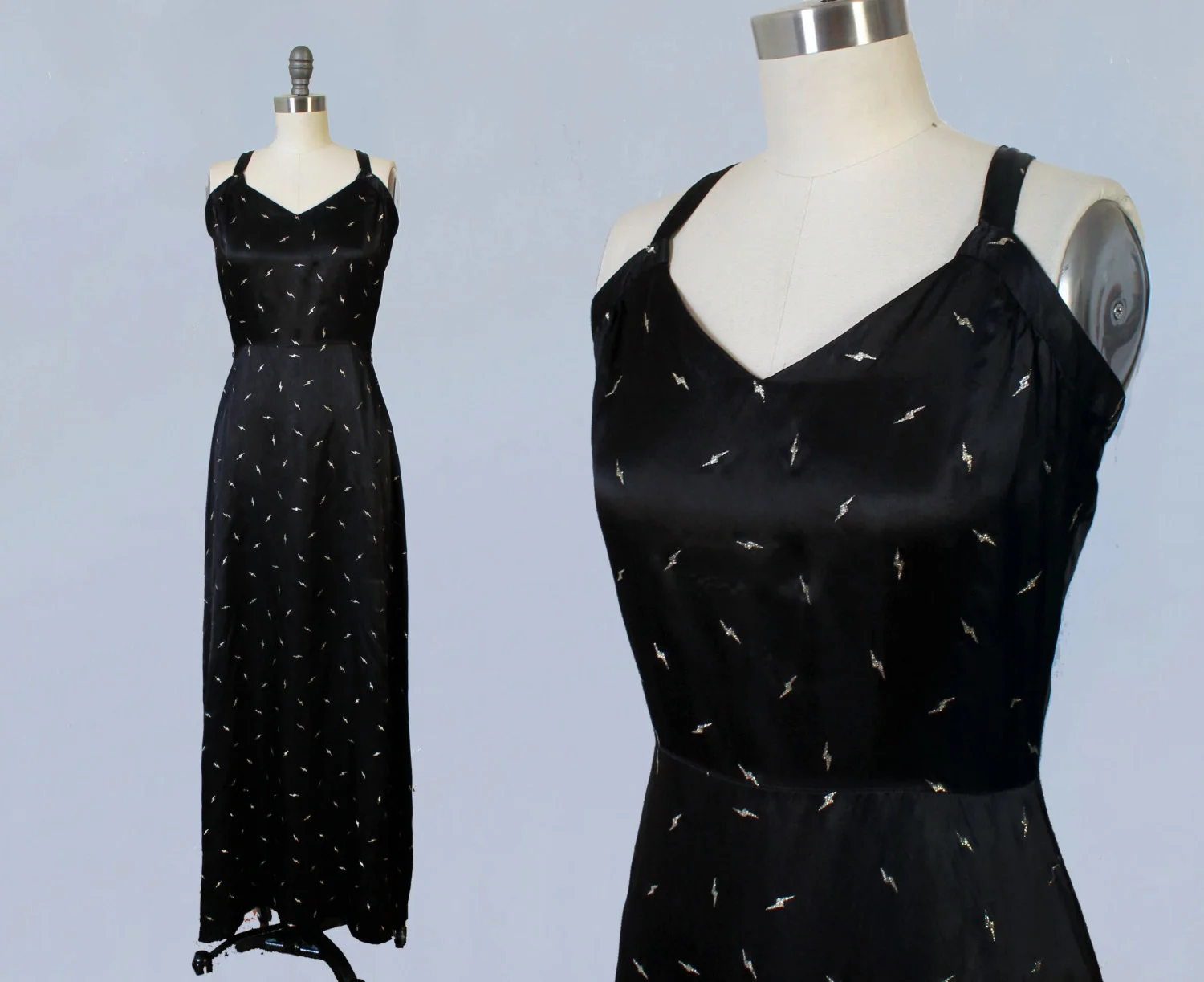 Black satin evening gown with glitter lightning bolts, 1930s