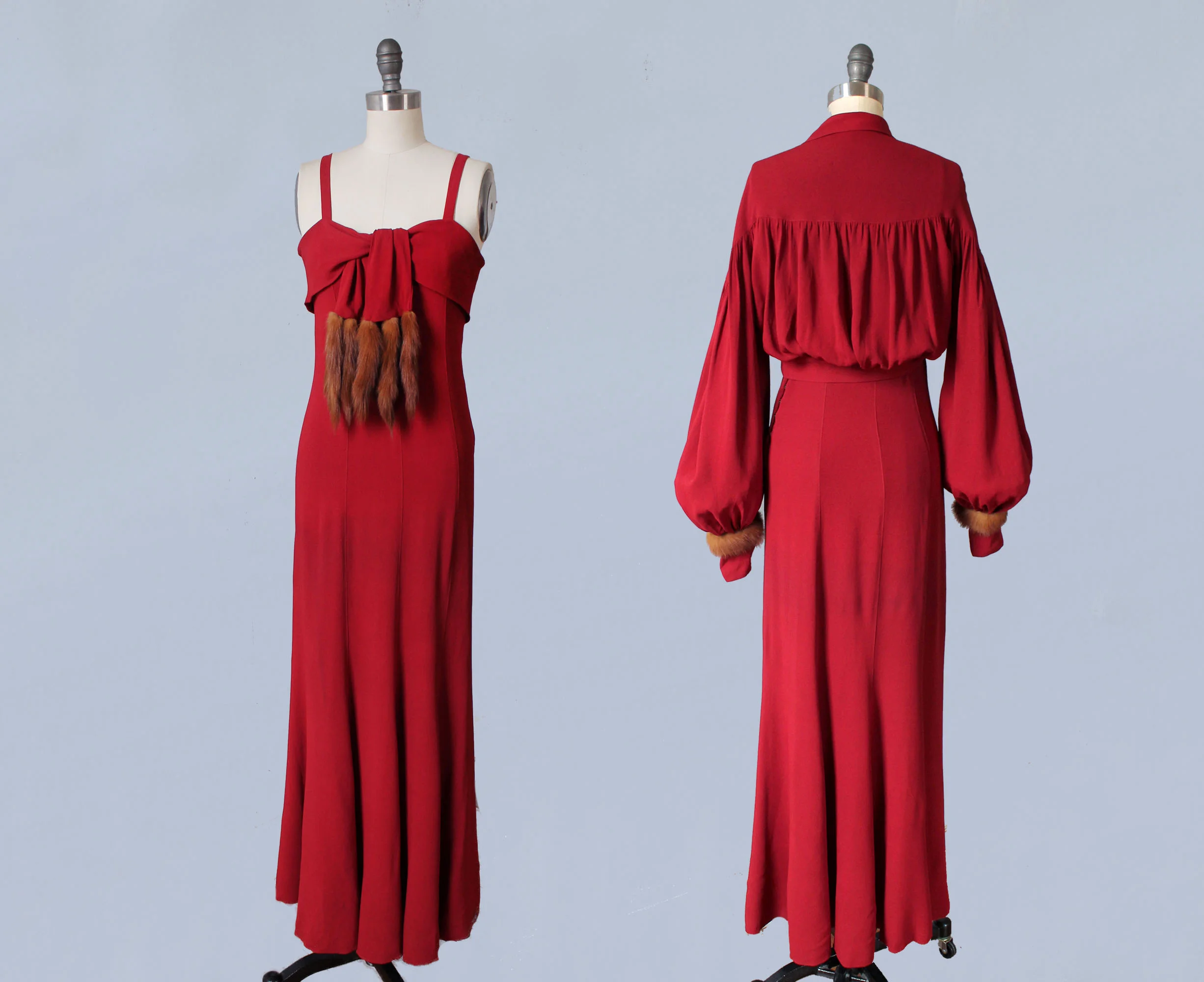 Red silk gown and jacket set with fur trim, 1930s