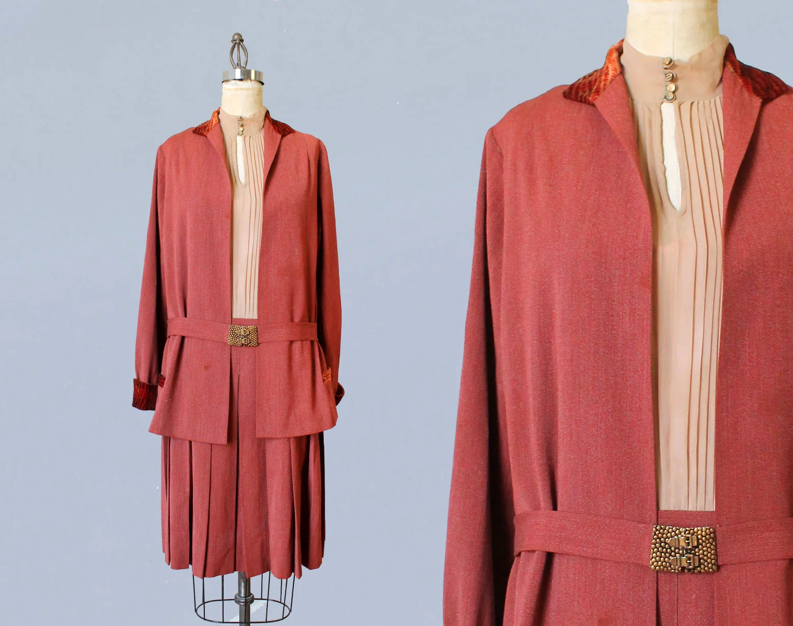 Two piece dress and jacket set with interesting meta buckle belt buckle and velvet trim. 1920s.