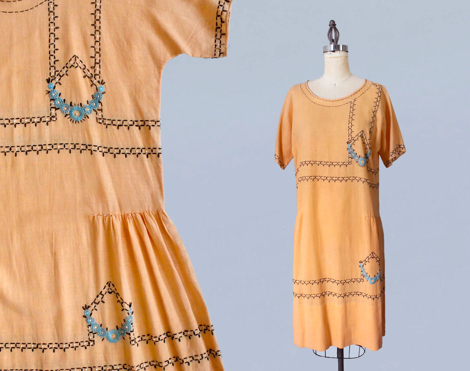 Orange embroidered cotton kit dress. 1920s.