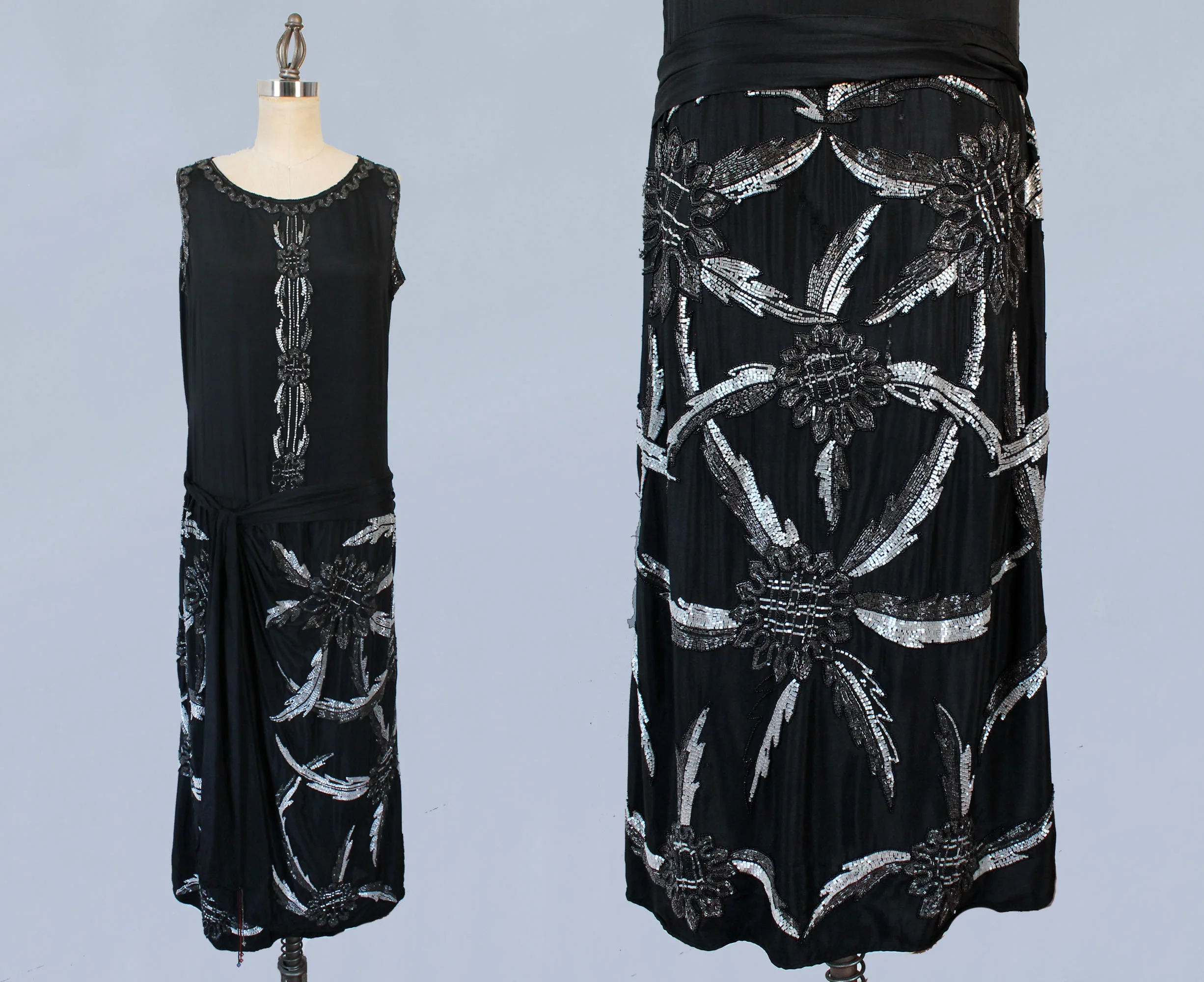 Black silk dress with abstract beaded designs. 1920s.