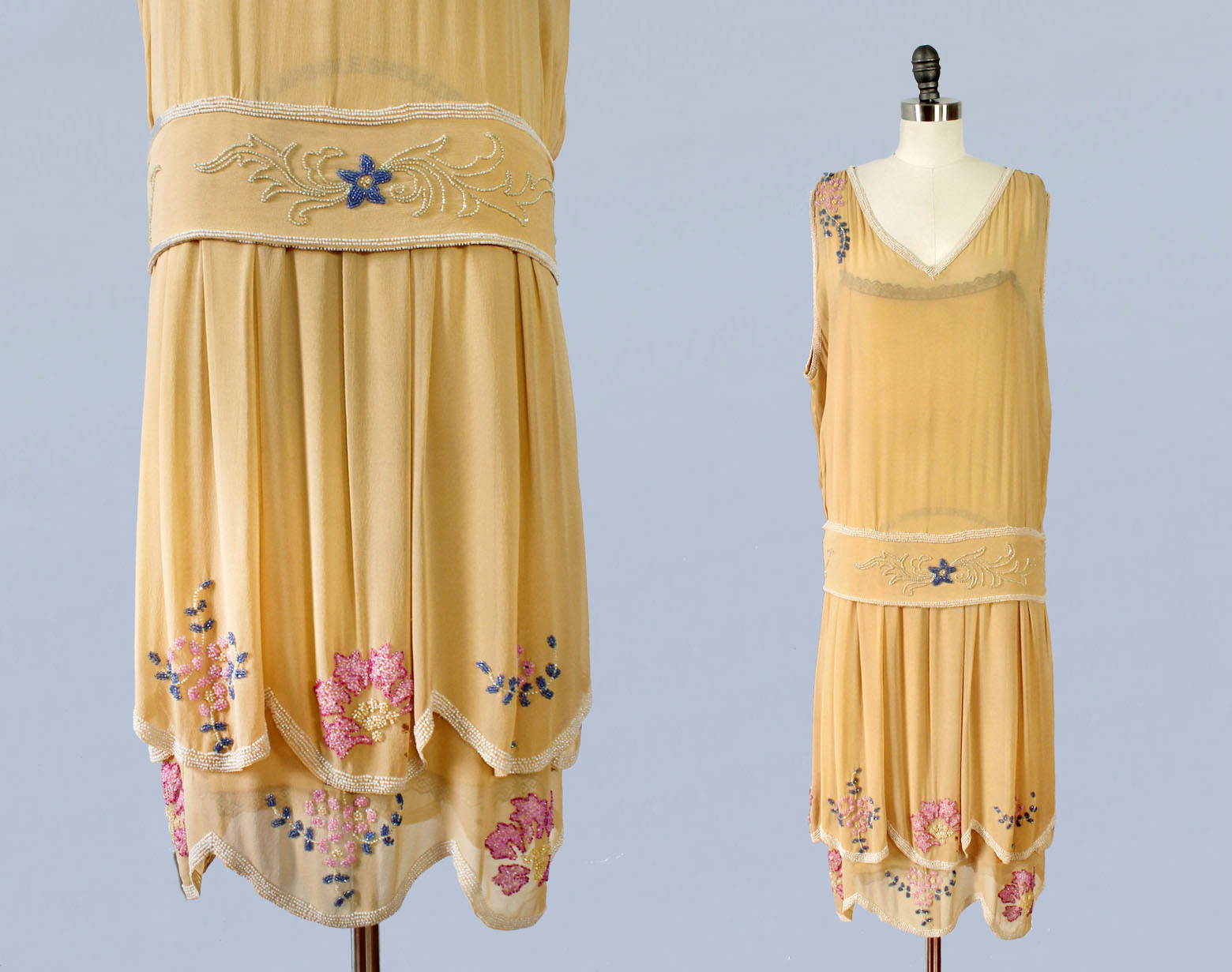 Yellow orange beaded silk dress. 1920s.
