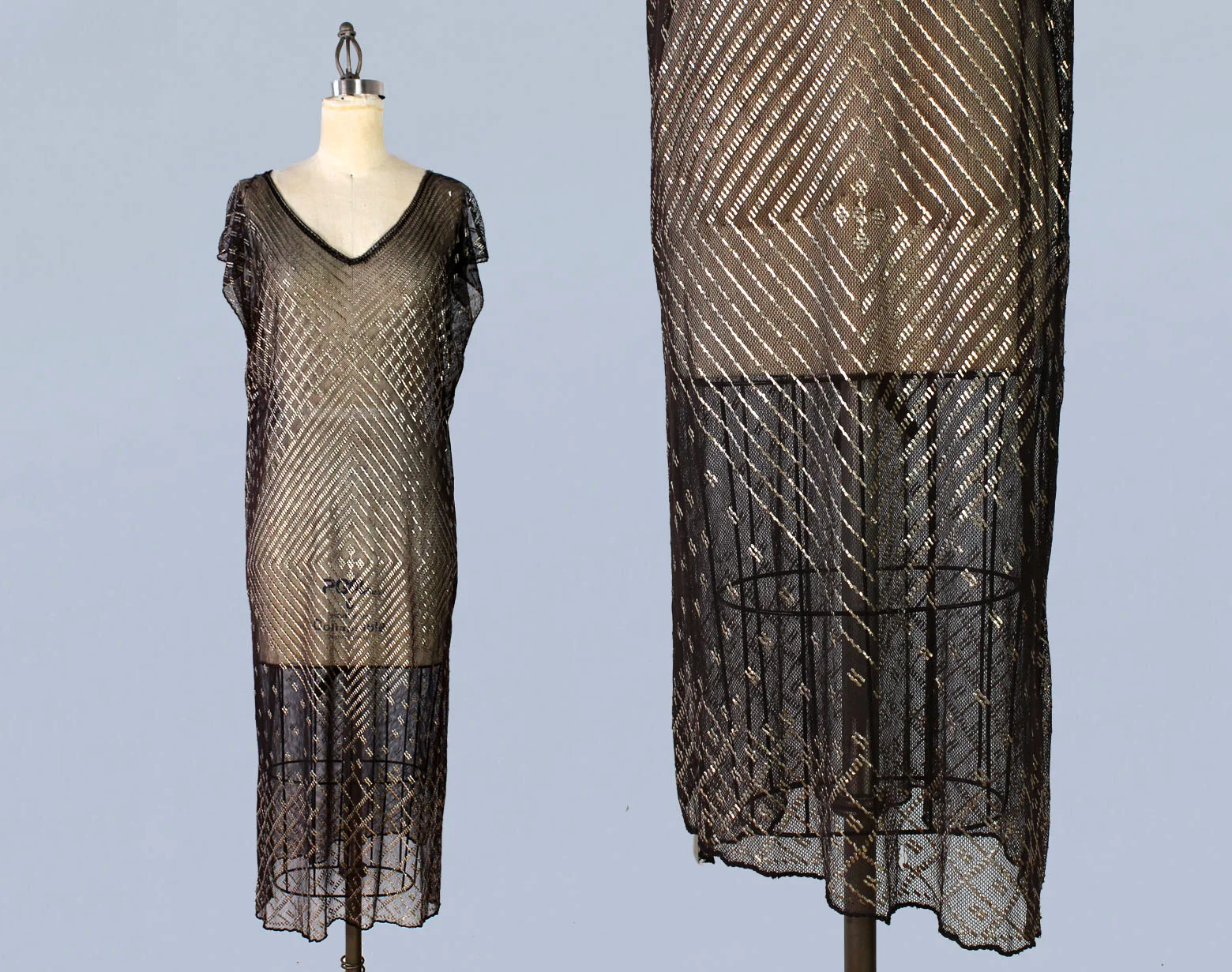 Assuit hammered metal on net dress made from shawl. 1920s.