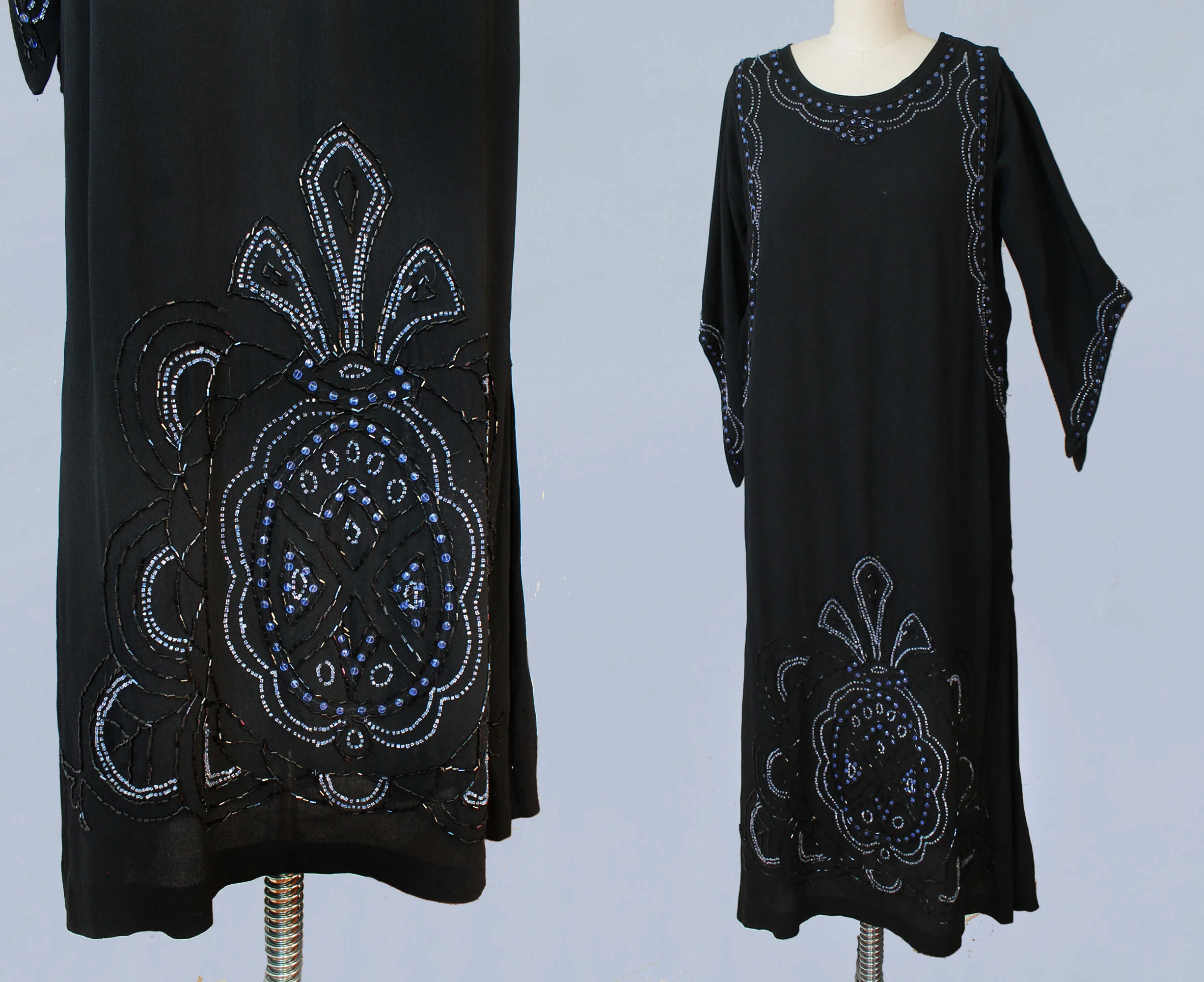 Black beaded silk crepe dress. 1920s.