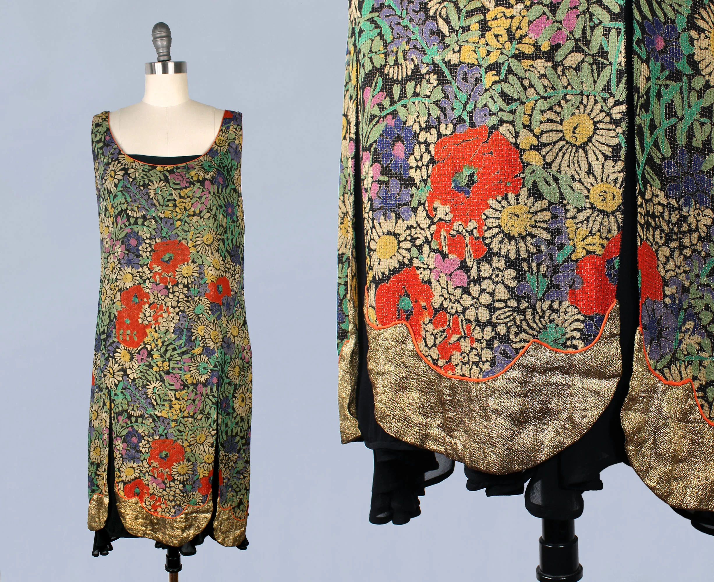 Gold metallic lamé floral tunic dress with split petal skirt. 1920s.