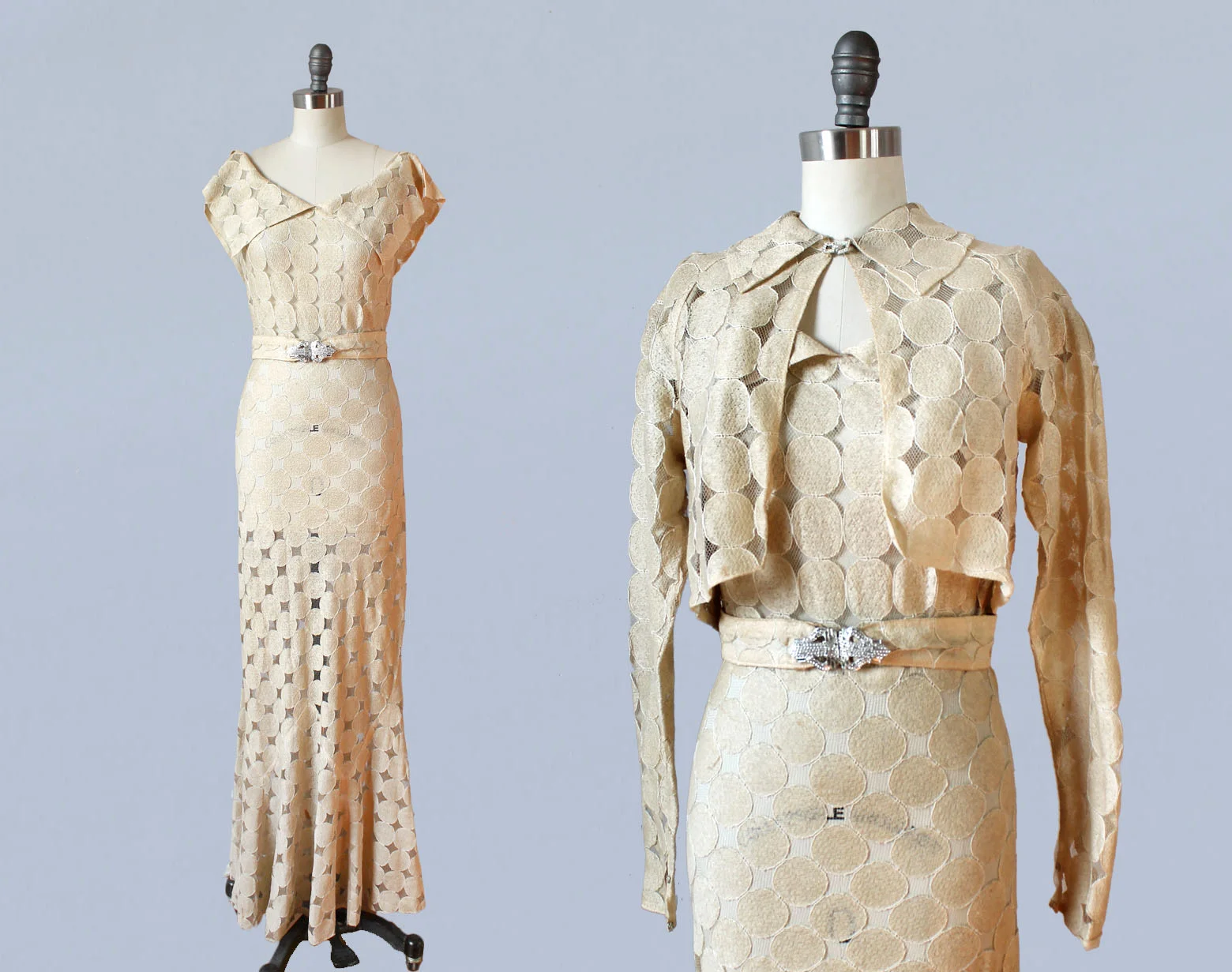 Beige lace dress and jacket set, 1930s