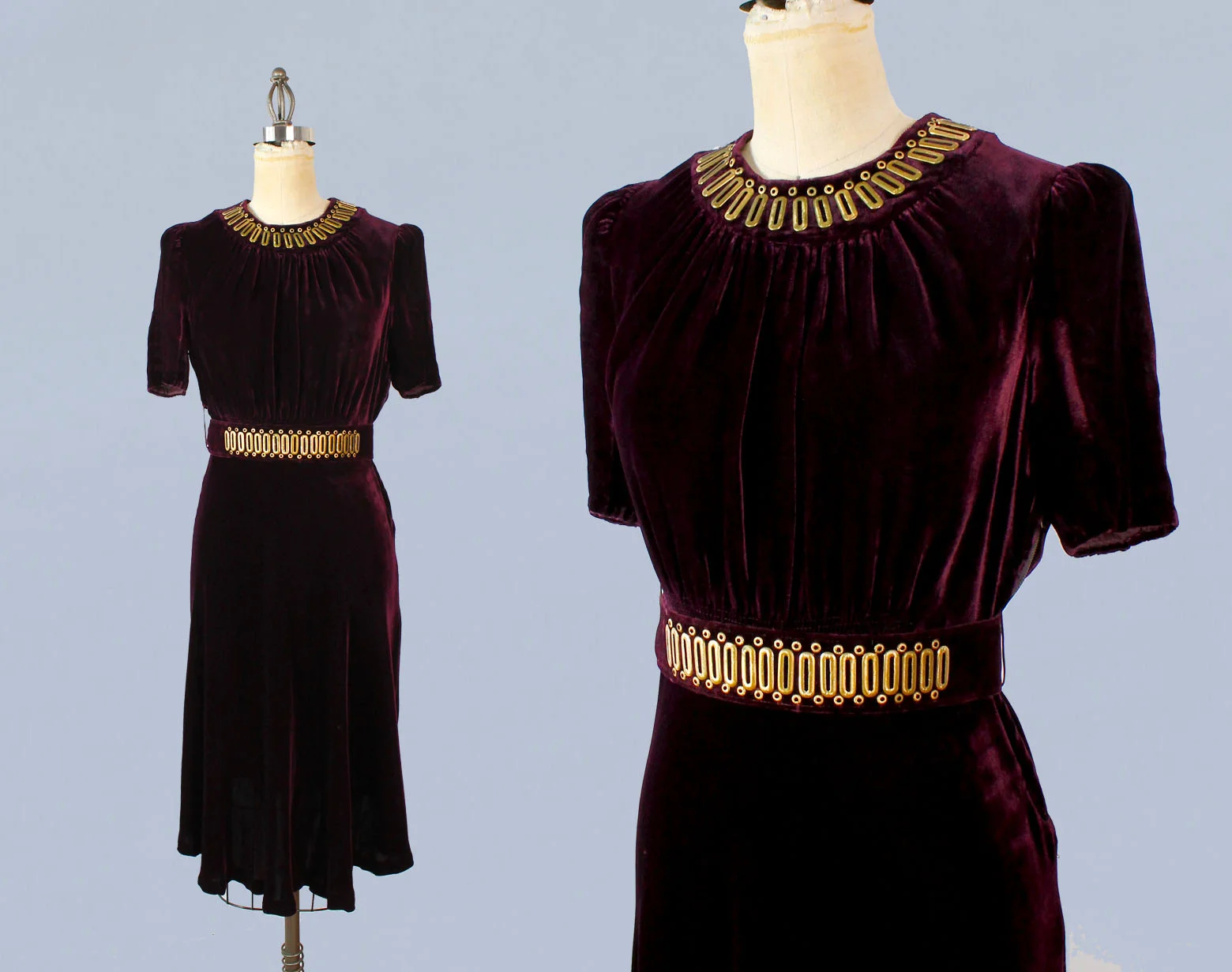 Purple velvet studded dress, late 1930s-early 1940s