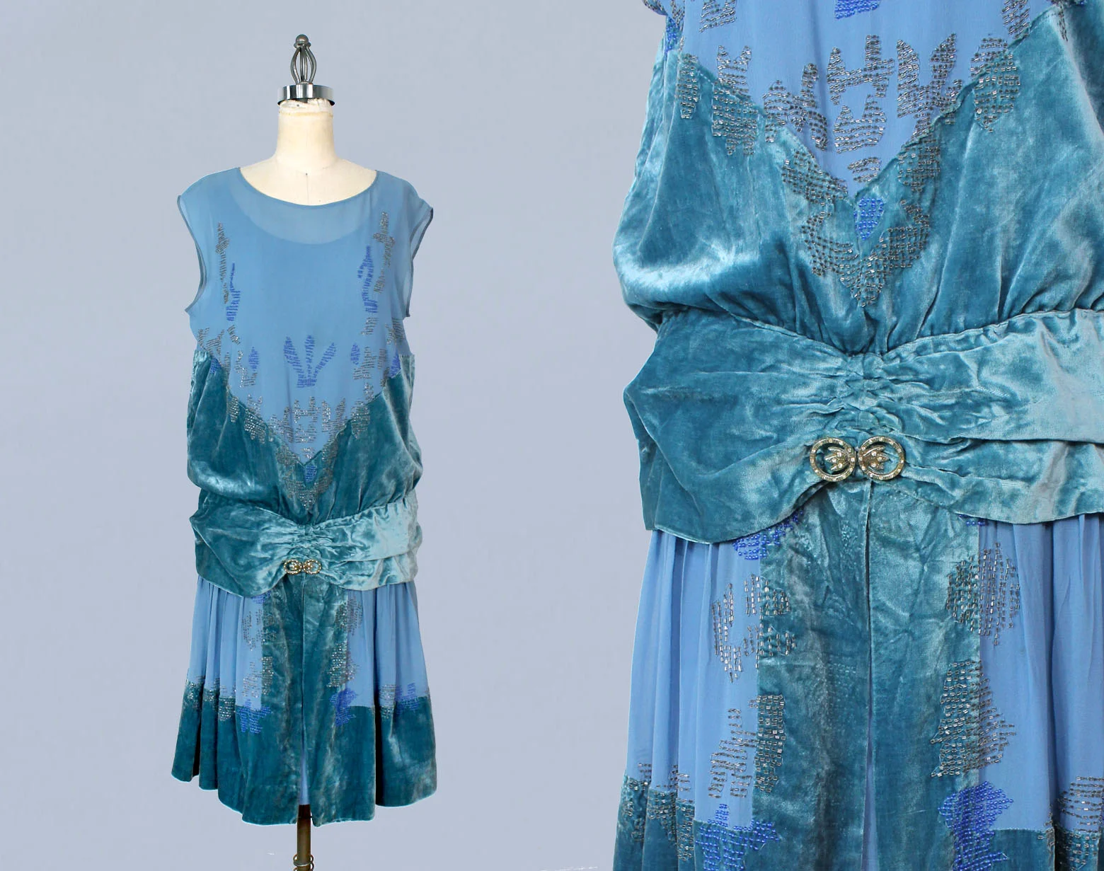 Bright blue silk and velvet beaded dress. 1920s.