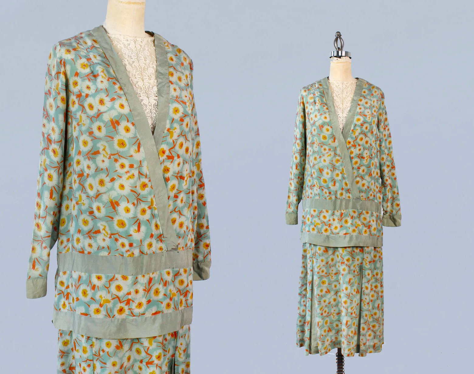 Green floral silk two piece dress. 1920s.
